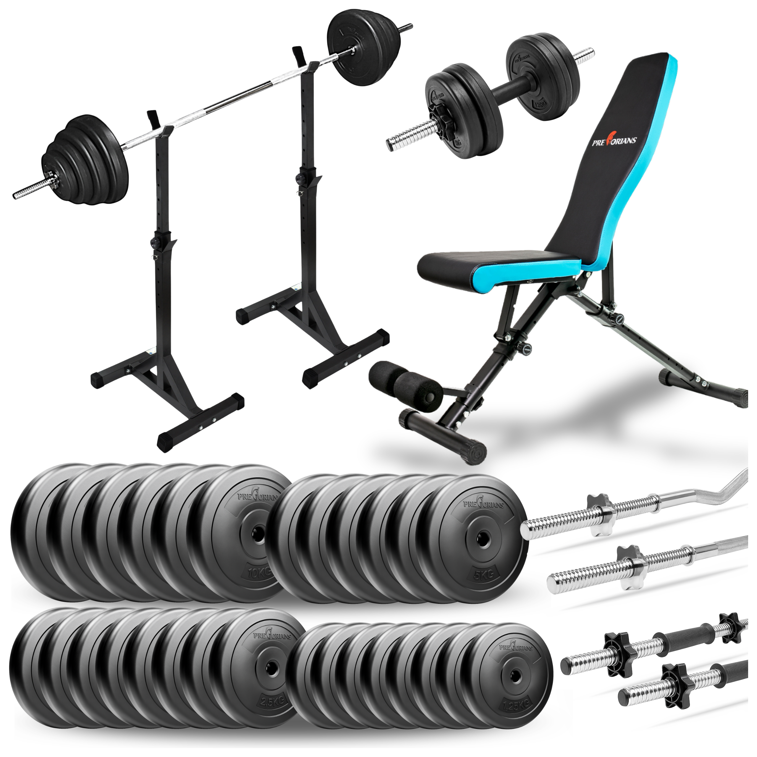 Zestaw do ćwiczeń 158kg z ławką treningową TB891, stojakami, sztangą / gryfem prostym 180cm, gryfem lekko łamanym 120cm, obciążeniem 120kg i hantlami