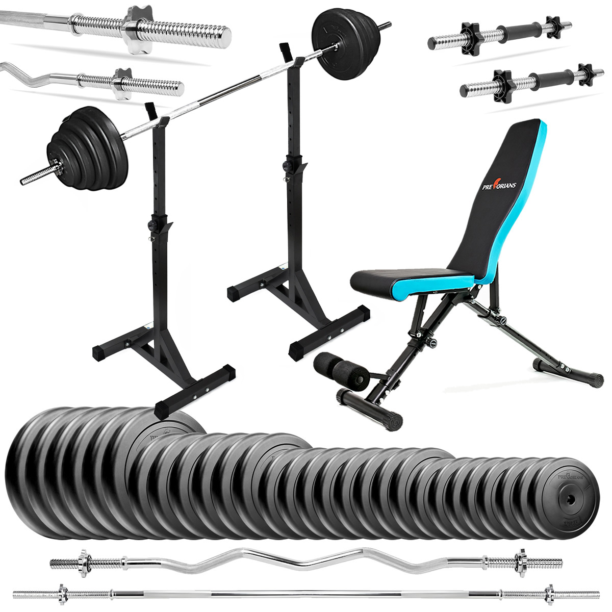 Zestaw do ćwiczeń 158kg z ławką treningową TB891, stojakami, sztangą / gryfem prostym 180cm, gryfem lekko łamanym 120cm, obciążeniem 120kg i hantlami