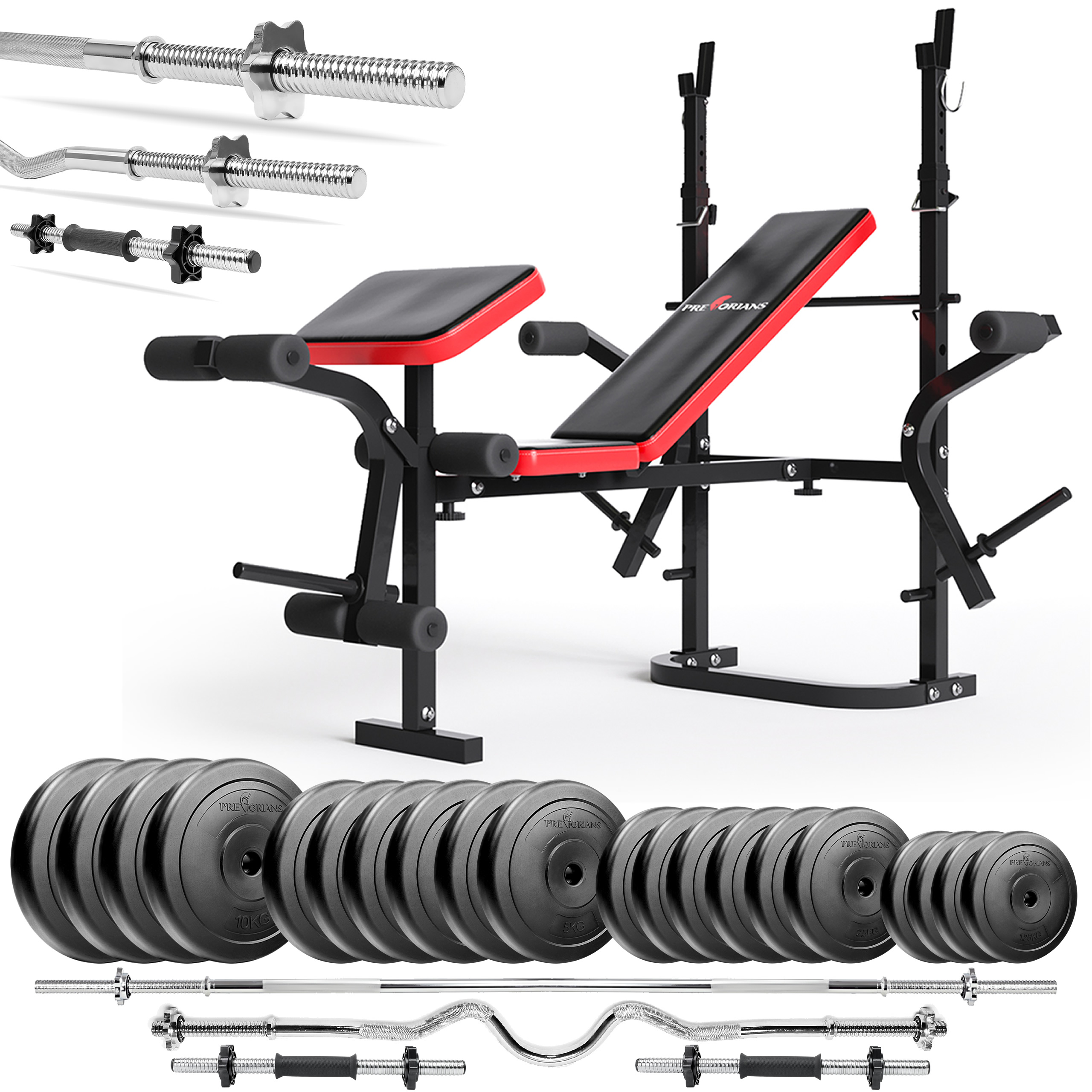 Zestaw do ćwiczeń siłowych 126kg z ławką treningową PH2132, sztangą / gryfem prostym 180cm, 120cm mocno łamanym, nakładem talerzy 90kg i hantlami