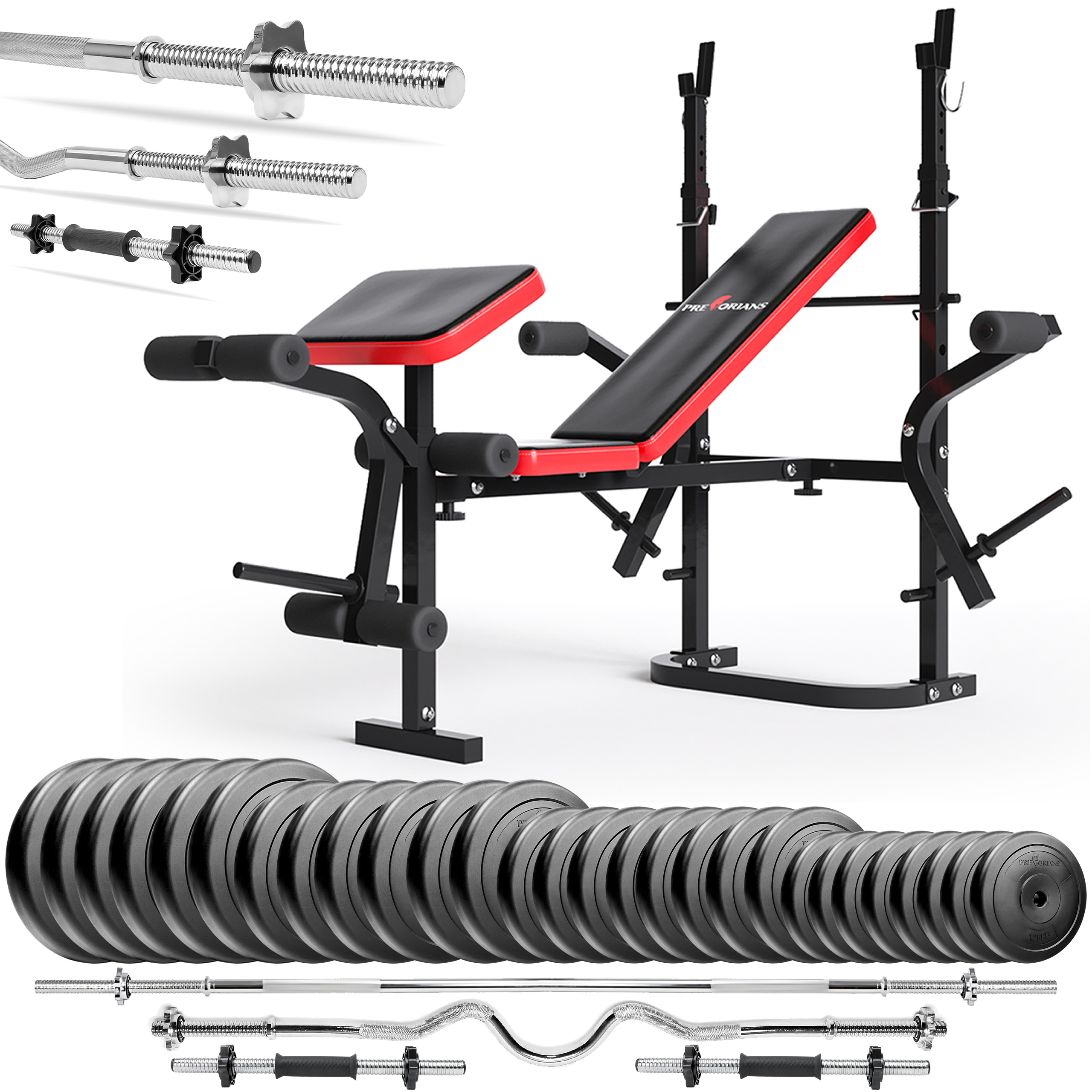 Zestaw do ćwiczeń siłowych 156kg z ławką treningową PH2132, sztangą / gryfem prostym 180cm, 120cm mocno łamanym, nakładem talerzy 120kg i hantlami
