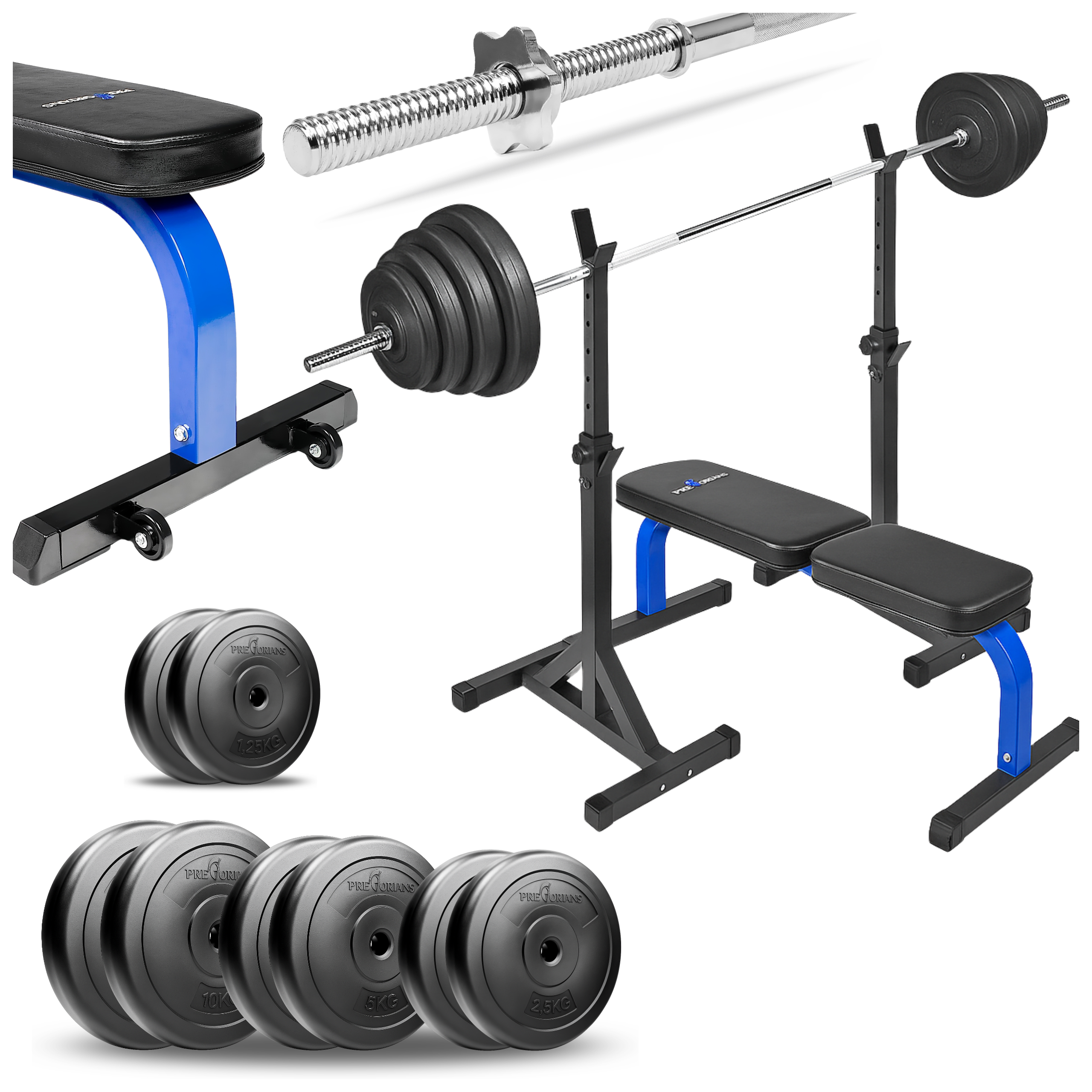 Zestaw do ćwiczeń siłowych 71kg Siłownia domowa z ławką treningową TB015, stojakami wolnostojącymi, sztangą / gryfem prostym 180 cm, obciążeniem 37,5 kg
