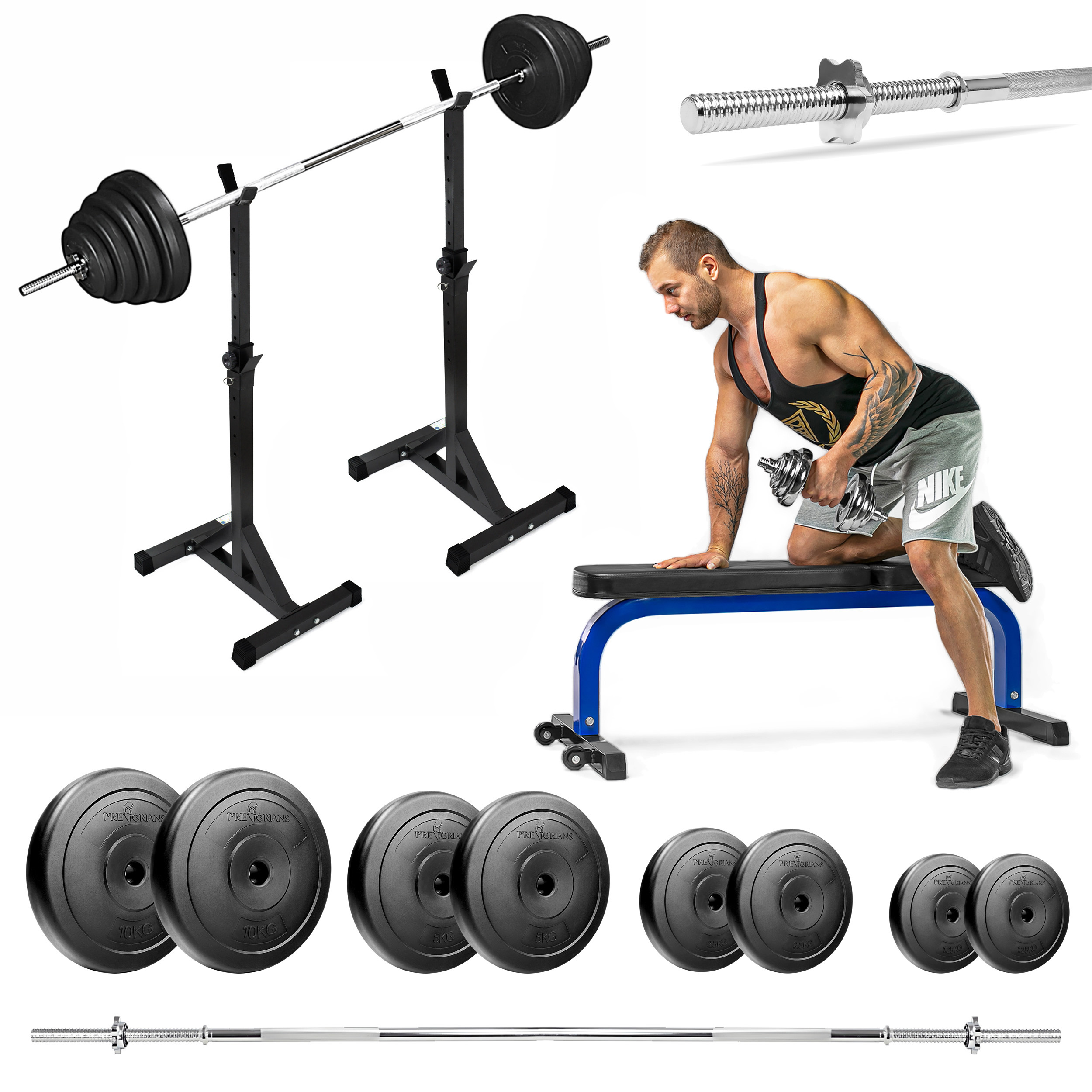 Zestaw do ćwiczeń siłowych 71kg Siłownia domowa z ławką treningową TB015, stojakami wolnostojącymi, sztangą / gryfem prostym 180 cm, obciążeniem 37,5 kg