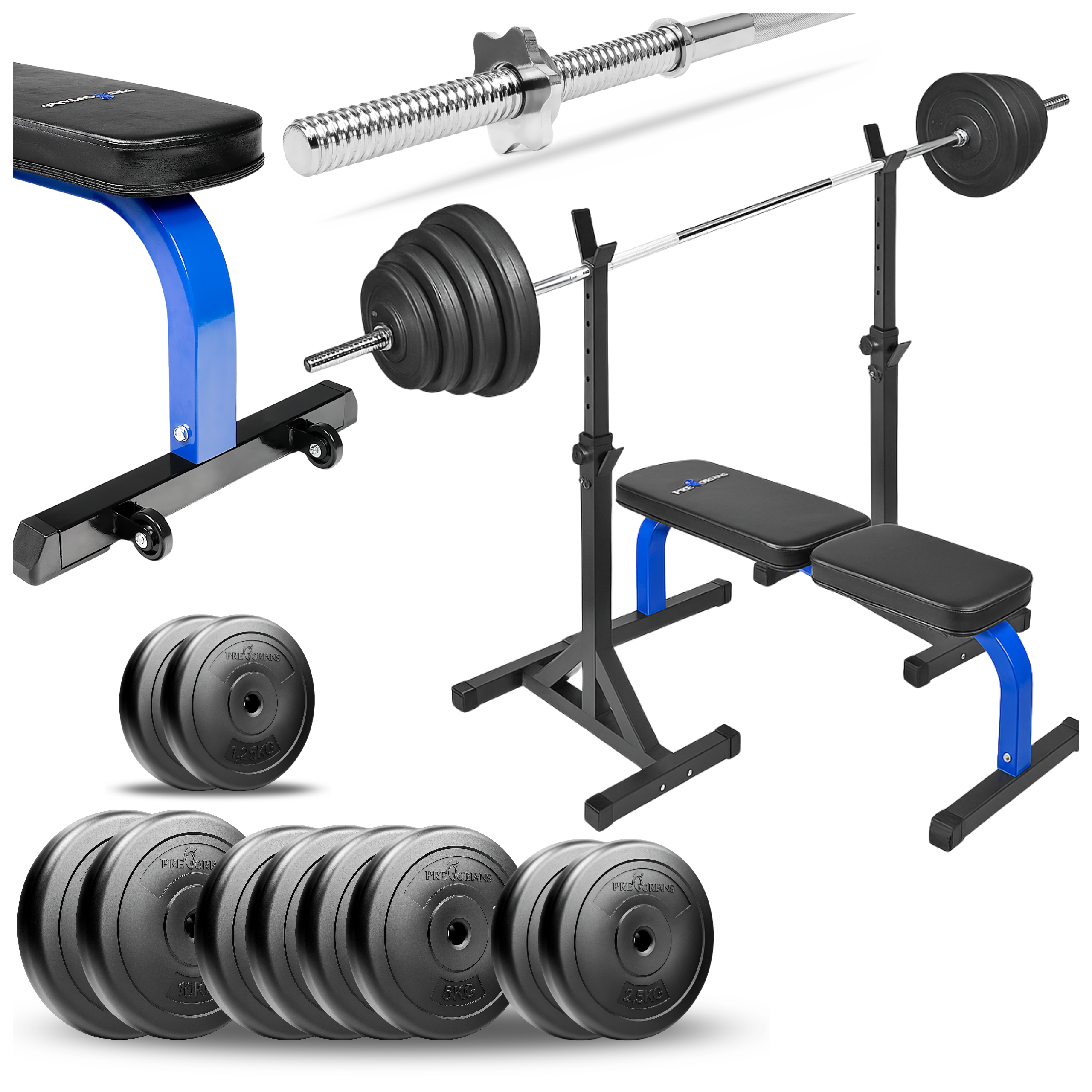 Zestaw do ćwiczeń siłowych 81kg Siłownia domowa z ławką treningową TB015, stojakami wolnostojącymi, sztangą / gryfem prostym 180 cm, obciążeniem 47,5 kg