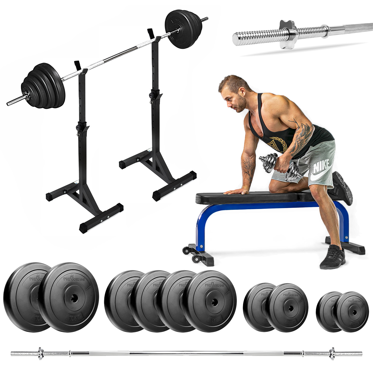 Zestaw do ćwiczeń siłowych 81kg Siłownia domowa z ławką treningową TB015, stojakami wolnostojącymi, sztangą / gryfem prostym 180 cm, obciążeniem 47,5 kg