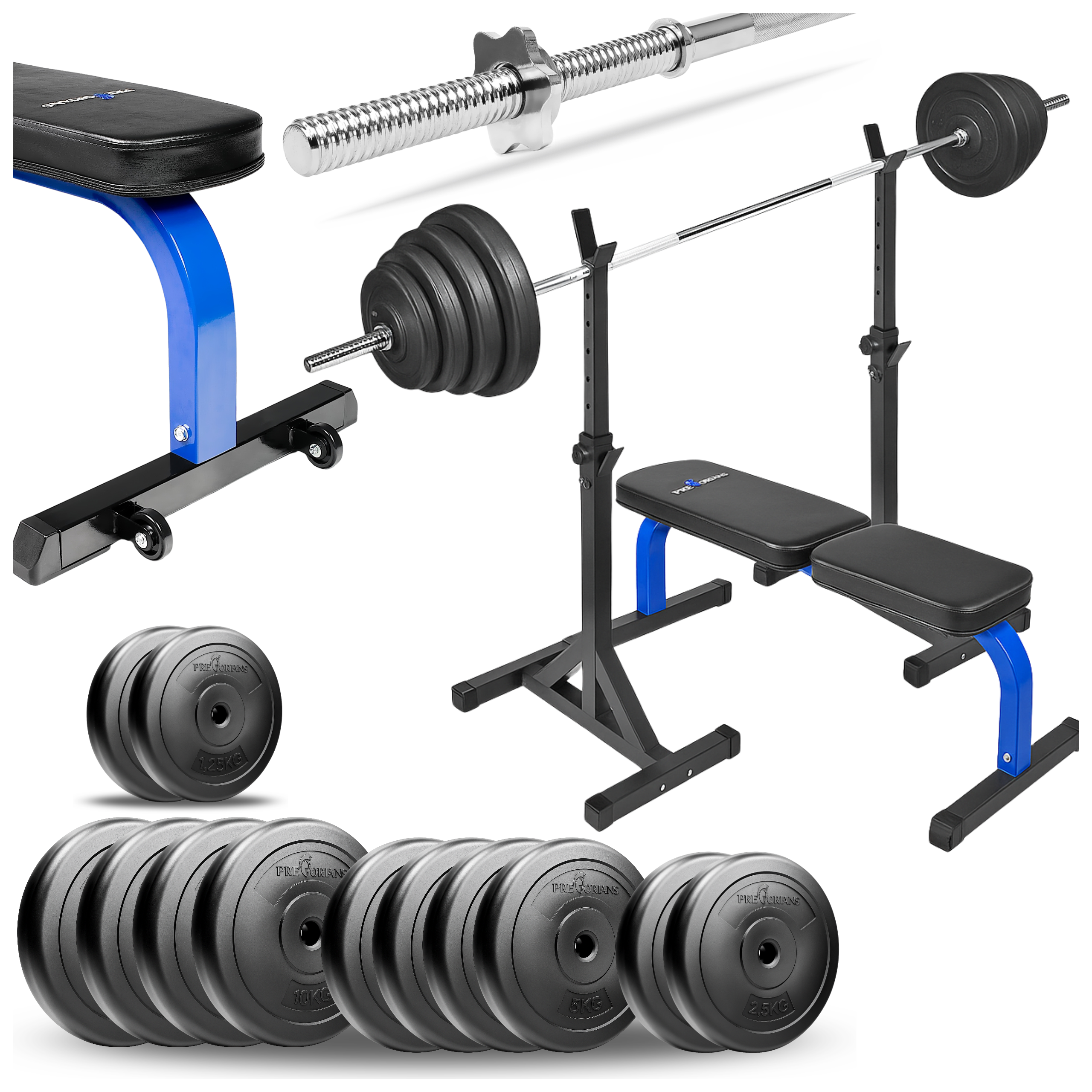 Zestaw do ćwiczeń siłowych 101kg Siłownia domowa z ławką treningową TB015, stojakami wolnostojącymi, sztangą / gryfem prostym 180 cm, obciążeniem 67,5 kg