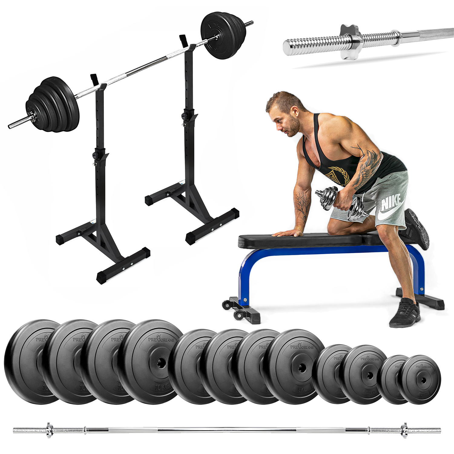 Zestaw do ćwiczeń siłowych 101kg Siłownia domowa z ławką treningową TB015, stojakami wolnostojącymi, sztangą / gryfem prostym 180 cm, obciążeniem 67,5 kg