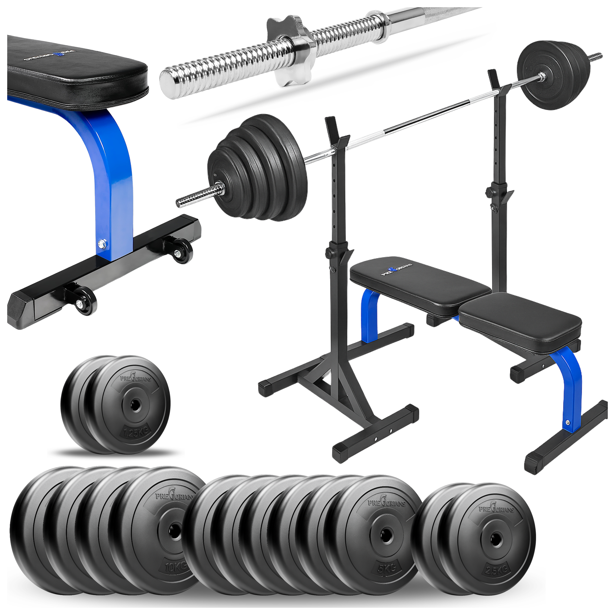 Zestaw do ćwiczeń siłowych 111kg Siłownia domowa z ławką treningową TB015, stojakami wolnostojącymi, sztangą / gryfem prostym 150 cm, obciążeniem 77,5 kg