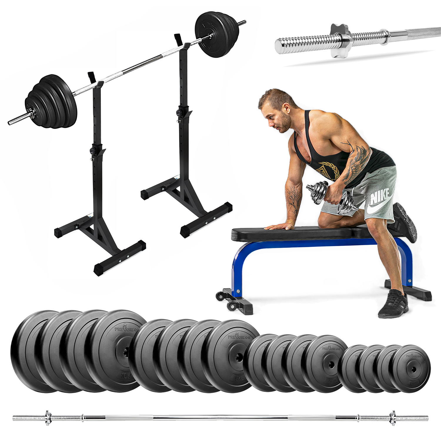 Zestaw do ćwiczeń siłowych 109kg Siłownia domowa z ławką treningową TB015, stojakami wolnostojącymi, sztangą / gryfem prostym 180 cm, obciążeniem 75 kg