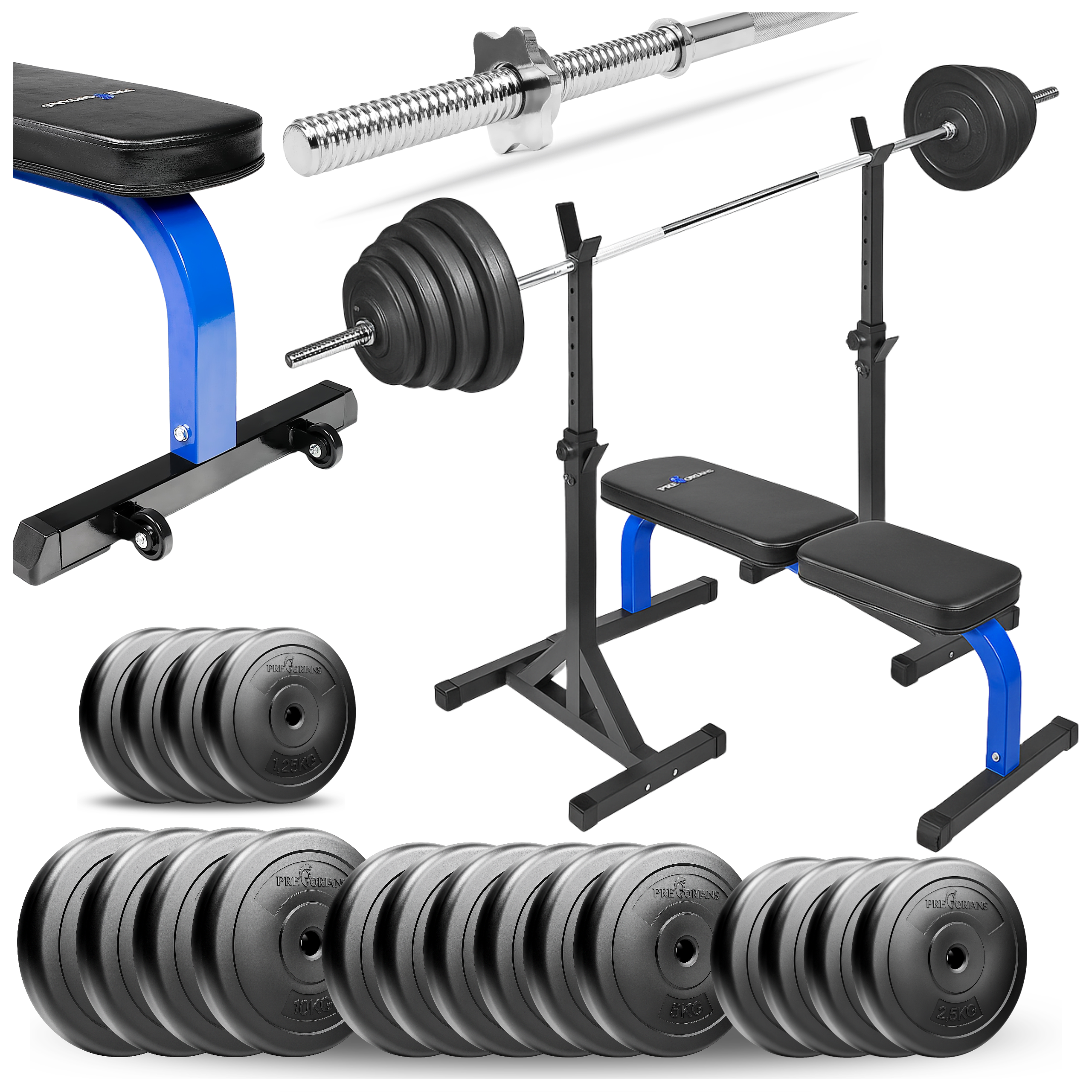 Zestaw do ćwiczeń siłowych 119kg Siłownia domowa z ławką treningową TB015, stojakami wolnostojącymi, sztangą / gryfem prostym 180 cm, obciążeniem 85 kg