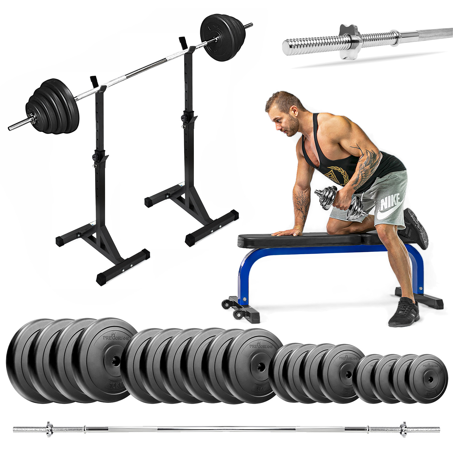 Zestaw do ćwiczeń siłowych 119kg Siłownia domowa z ławką treningową TB015, stojakami wolnostojącymi, sztangą / gryfem prostym 180 cm, obciążeniem 85 kg