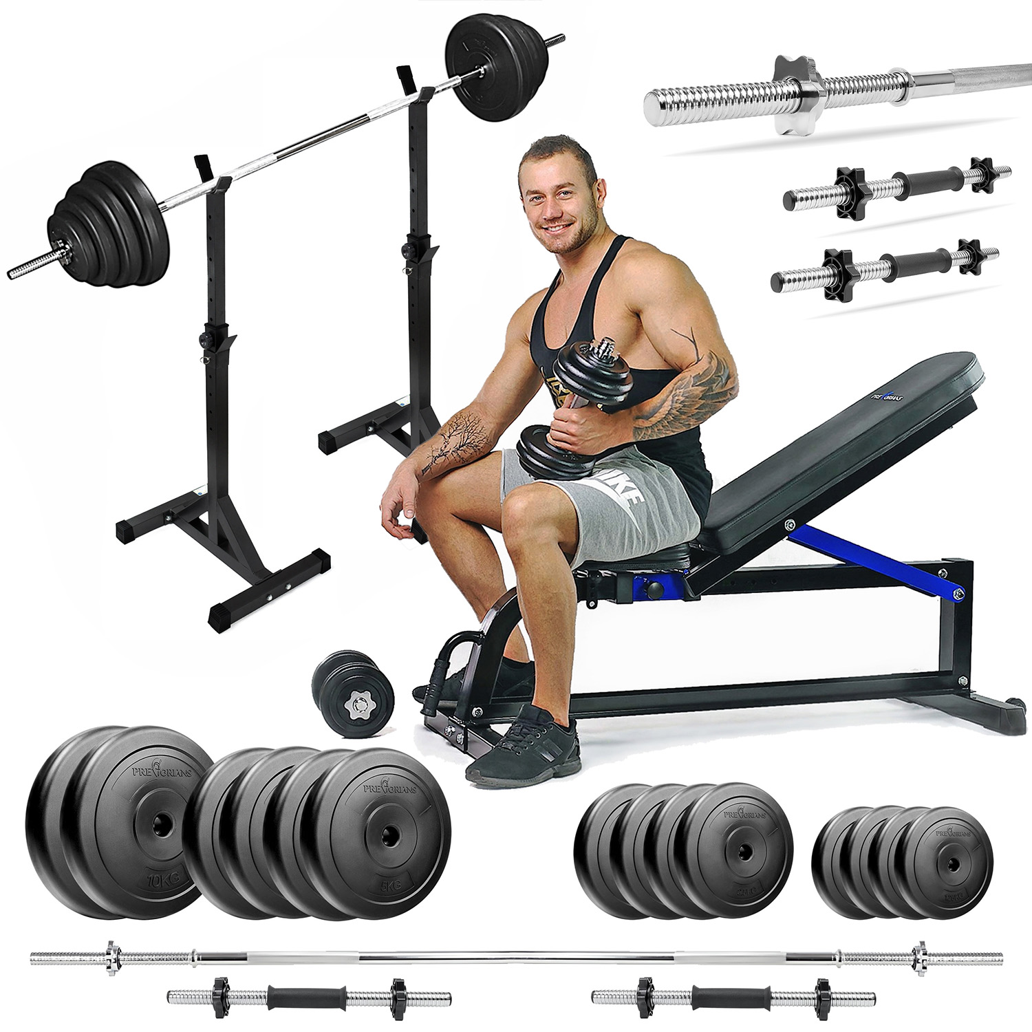 Zestaw do ćwiczeń siłowych 100kg. Siłownia domowa z ławką treningową TB1001, stojakami wolnostojącymi, sztangą / gryfem prostym 180 cm, obciążeniem 55 kg i hantlami