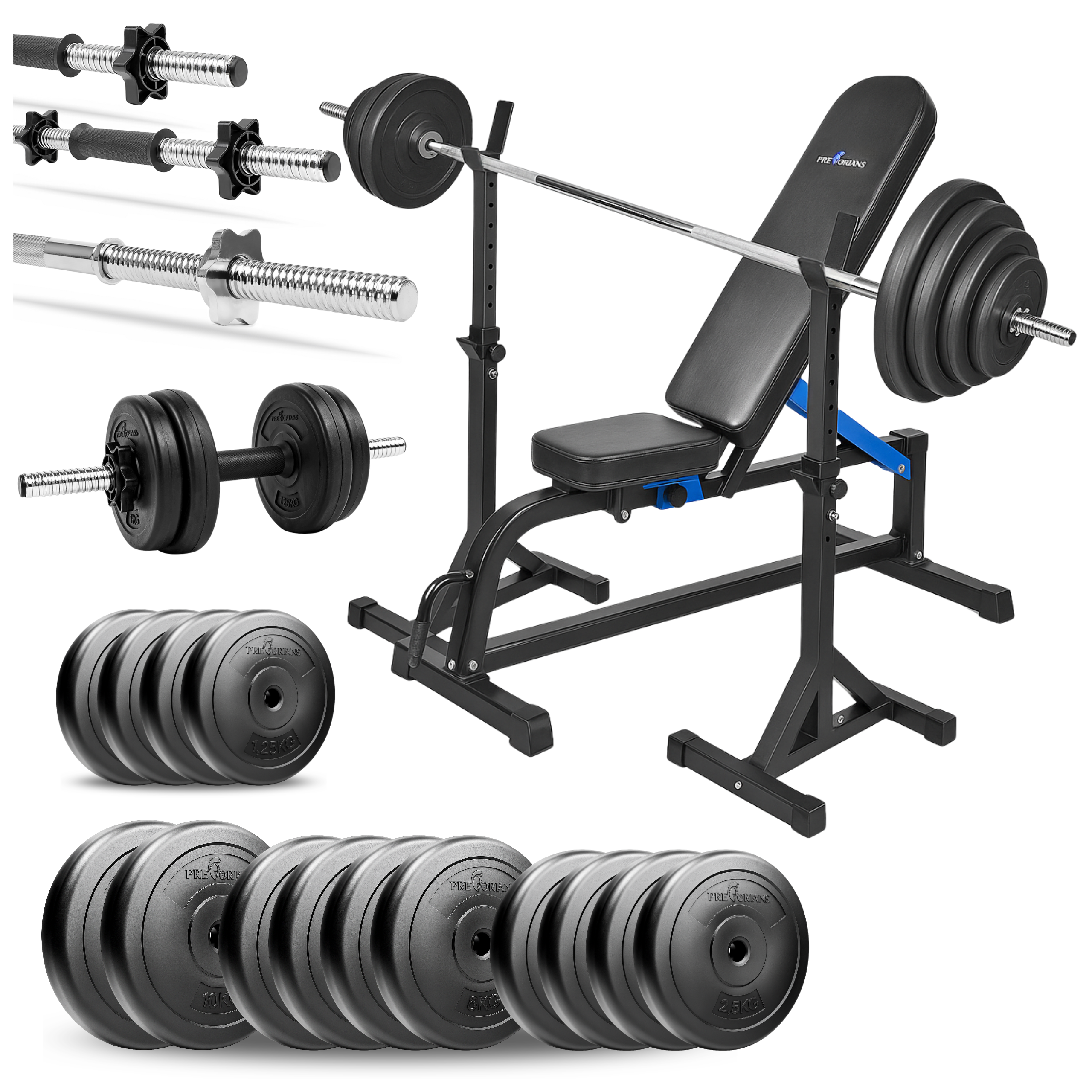 Zestaw do ćwiczeń siłowych 100kg. Siłownia domowa z ławką treningową TB1001, stojakami wolnostojącymi, sztangą / gryfem prostym 180 cm, obciążeniem 55 kg i hantlami