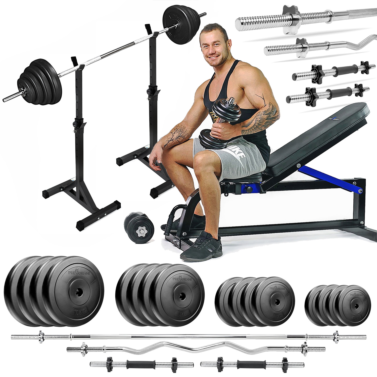 Zestaw do ćwiczeń siłowych 125kg. Siłownia domowa z ławką treningową TB1001, stojakami wolnostojącymi, sztangą / gryfem prostym 180 cm, lekko łamanym 120 cm, obciążeniem 75 kg i hantlami