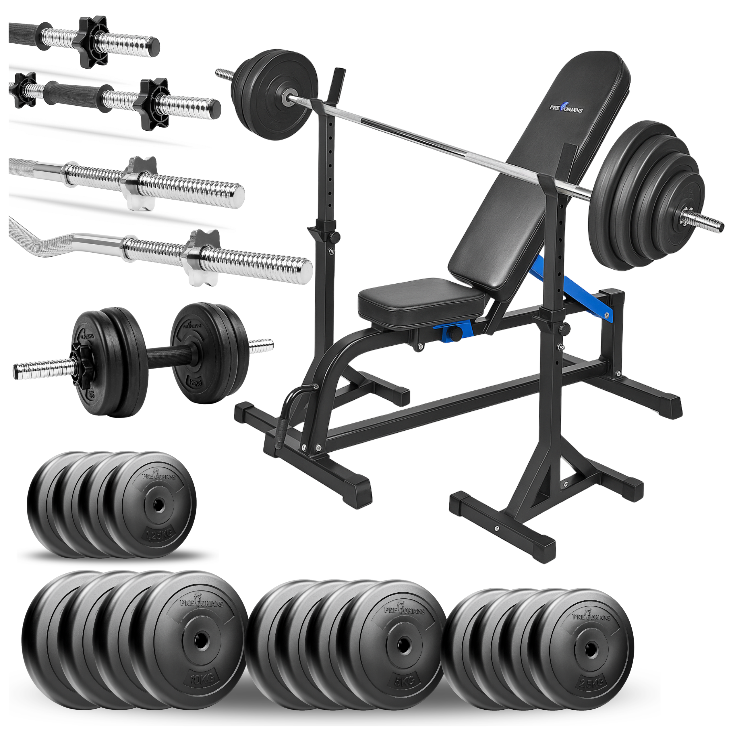 Zestaw do ćwiczeń siłowych 125kg. Siłownia domowa z ławką treningową TB1001, stojakami wolnostojącymi, sztangą / gryfem prostym 180 cm, lekko łamanym 120 cm, obciążeniem 75 kg i hantlami