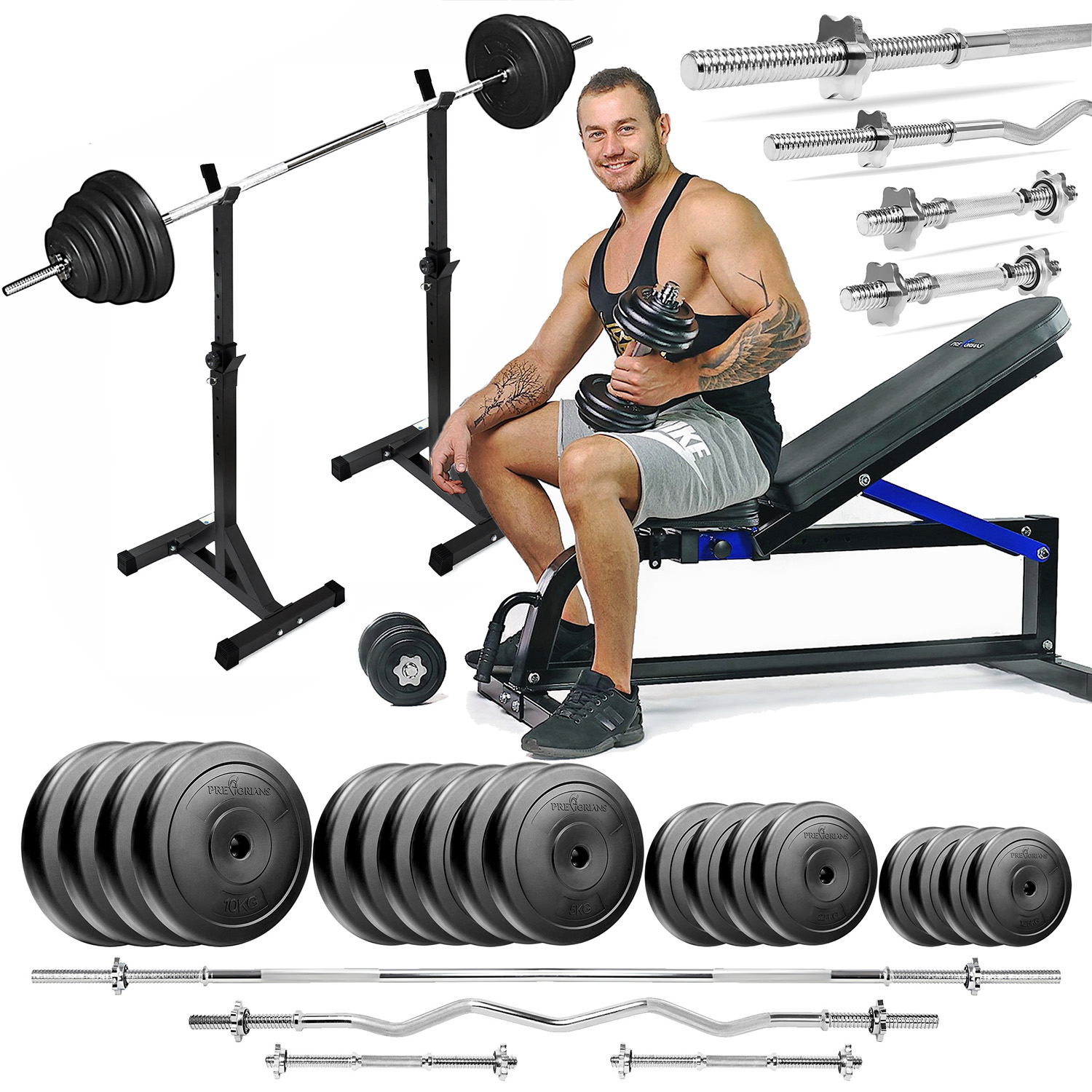 Zestaw do ćwiczeń siłowych 139kg. Siłownia domowa z ławką treningową TB1001, stojakami wolnostojącymi, sztangą / gryfem prostym 180 cm, lekko łamanym 120 cm, obciążeniem 85 kg i hantlami