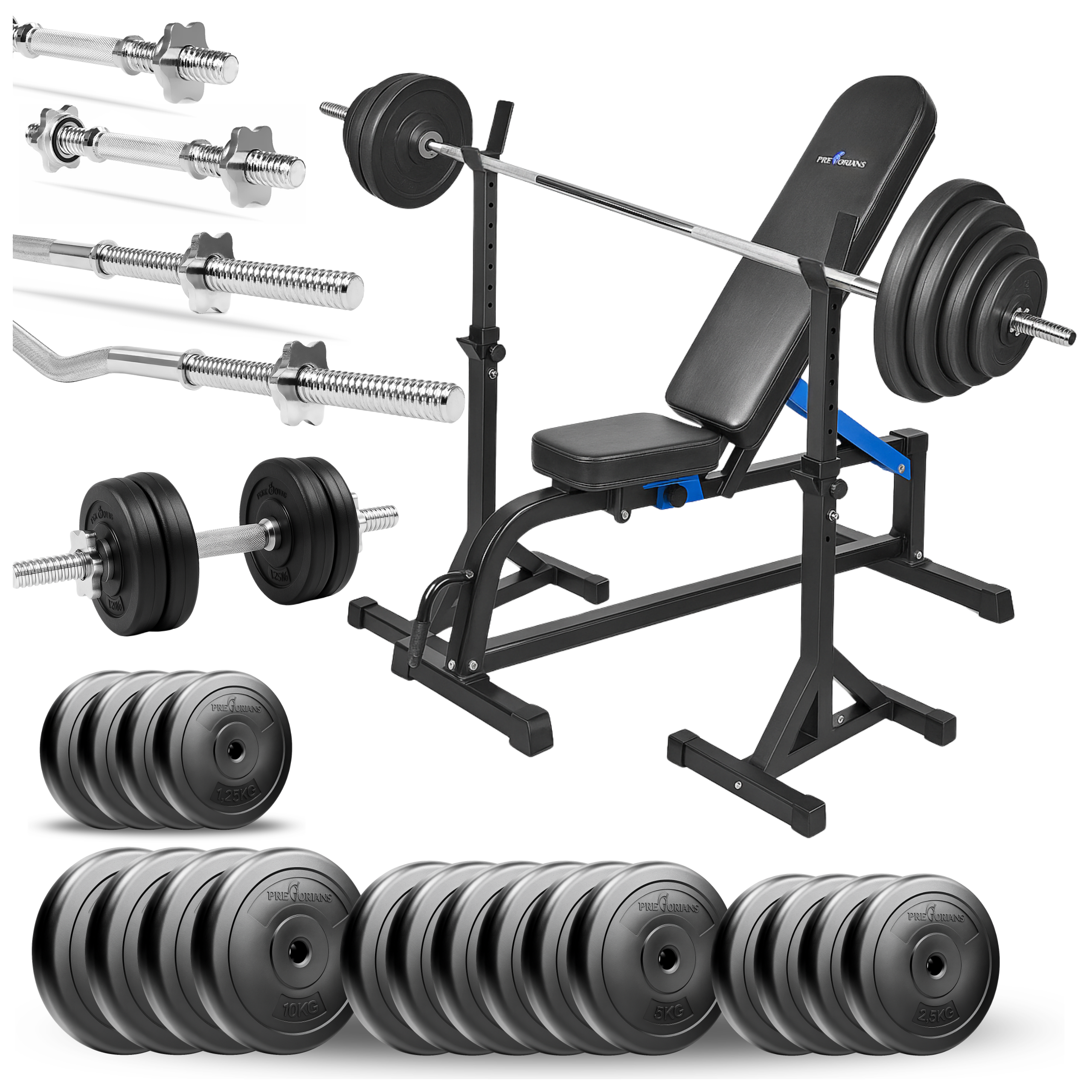 Zestaw do ćwiczeń siłowych 139kg. Siłownia domowa z ławką treningową TB1001, stojakami wolnostojącymi, sztangą / gryfem prostym 180 cm, lekko łamanym 120 cm, obciążeniem 85 kg i hantlami