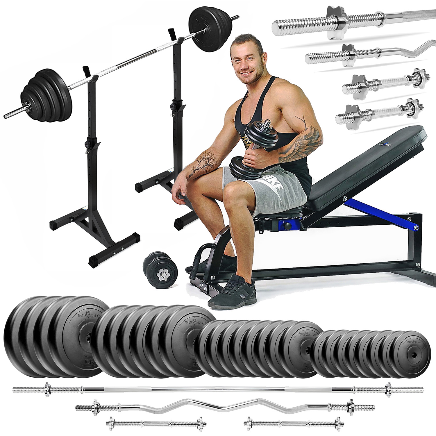 Zestaw do ćwiczeń siłowych 154kg. Siłownia domowa z ławką treningową TB1001, stojakami wolnostojącymi, sztangą / gryfem prostym 180 cm, lekko łamanym 120 cm, obciążeniem 100 kg i hantlami