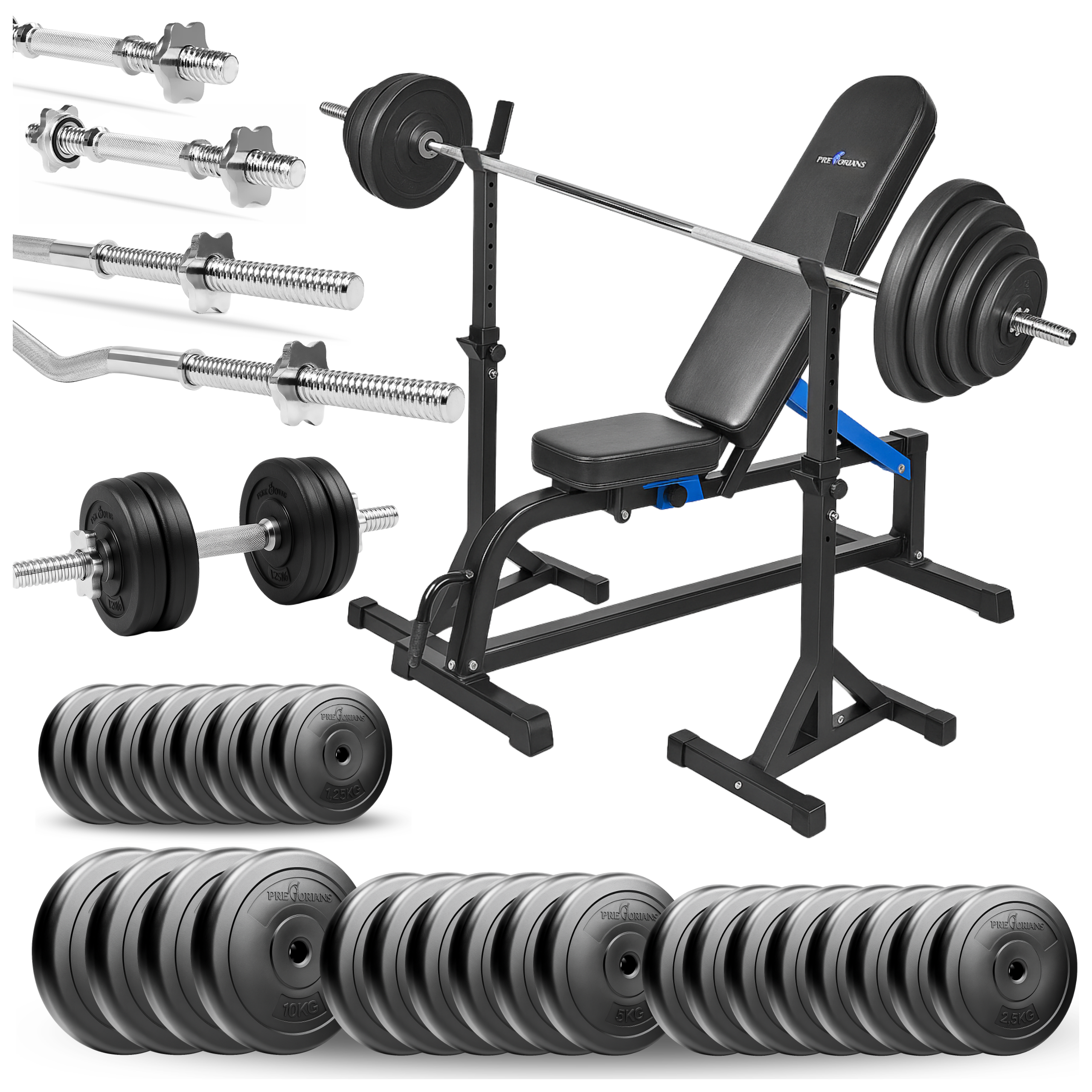 Zestaw do ćwiczeń siłowych 154kg. Siłownia domowa z ławką treningową TB1001, stojakami wolnostojącymi, sztangą / gryfem prostym 180 cm, lekko łamanym 120 cm, obciążeniem 100 kg i hantlami