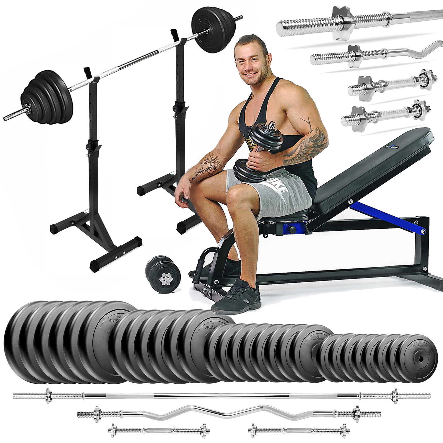 Zestaw do ćwiczeń siłowych 174kg. Siłownia domowa z ławką treningową TB1001, stojakami wolnostojącymi, sztangą / gryfem prostym 180 cm, lekko łamanym 120 cm, obciążeniem 120 kg i hantlami