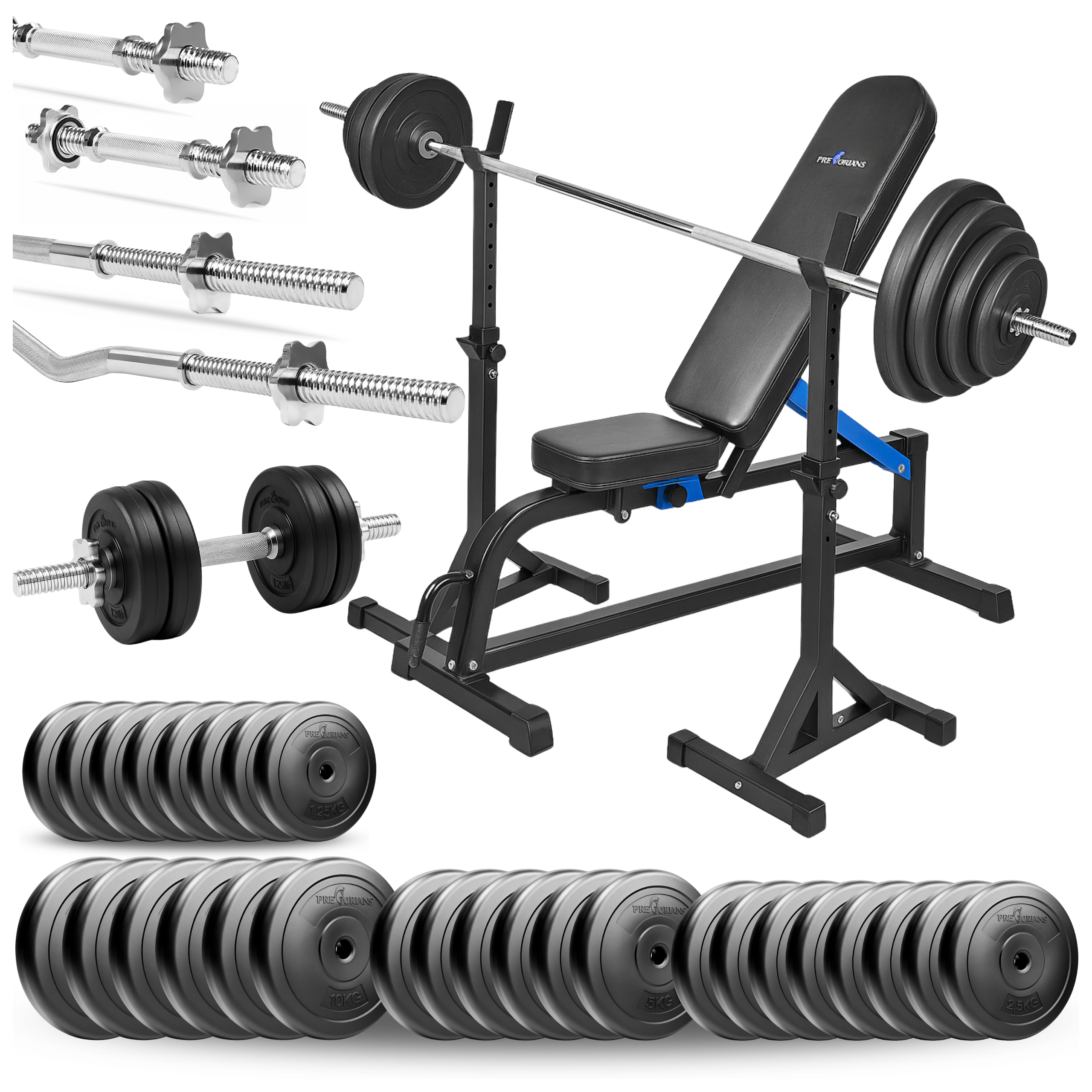 Zestaw do ćwiczeń siłowych 174kg. Siłownia domowa z ławką treningową TB1001, stojakami wolnostojącymi, sztangą / gryfem prostym 180 cm, lekko łamanym 120 cm, obciążeniem 120 kg i hantlami