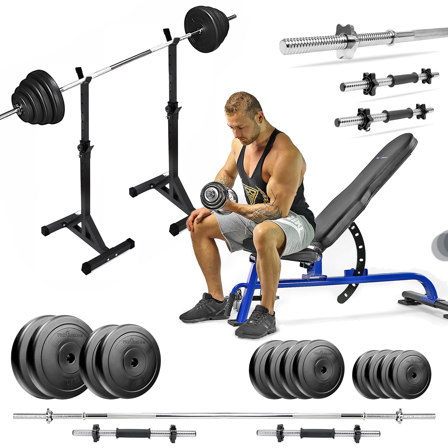 Zestaw do ćwiczeń siłowych 89kg. Siłownia domowa z ławką treningową TB1054, stojakami, sztangą / gryfem prostym 180 cm, obciążeniem 45kg i hantlami