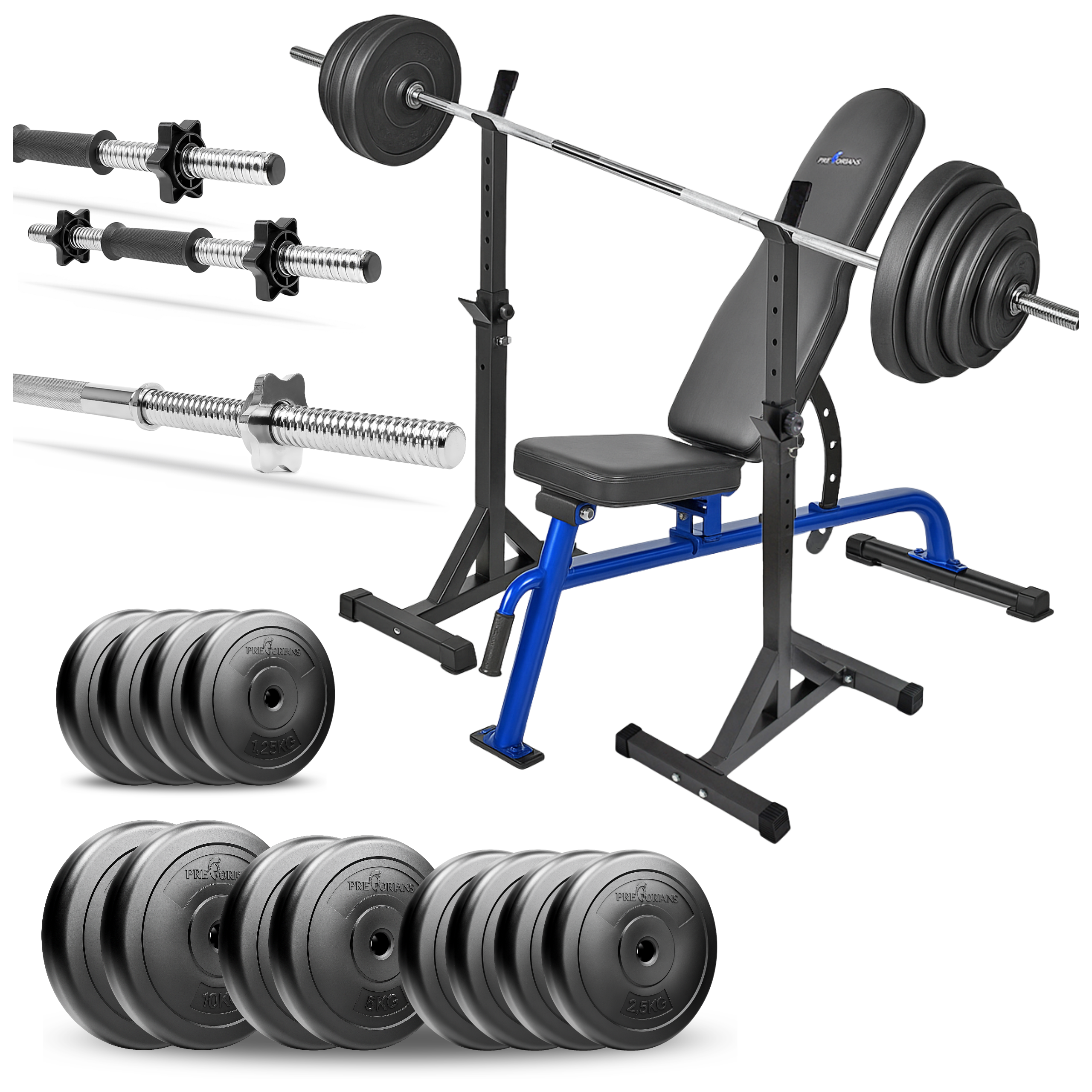 Zestaw do ćwiczeń siłowych 89kg. Siłownia domowa z ławką treningową TB1054, stojakami, sztangą / gryfem prostym 180 cm, obciążeniem 45kg i hantlami