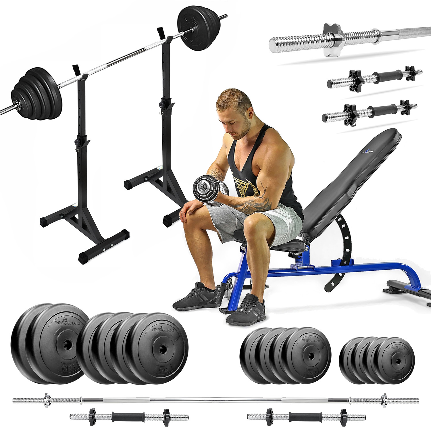 Zestaw do ćwiczeń siłowych 99kg. Siłownia domowa z ławką treningową TB1054, stojakami, sztangą / gryfem prostym 180 cm, obciążeniem 55kg i hantlami