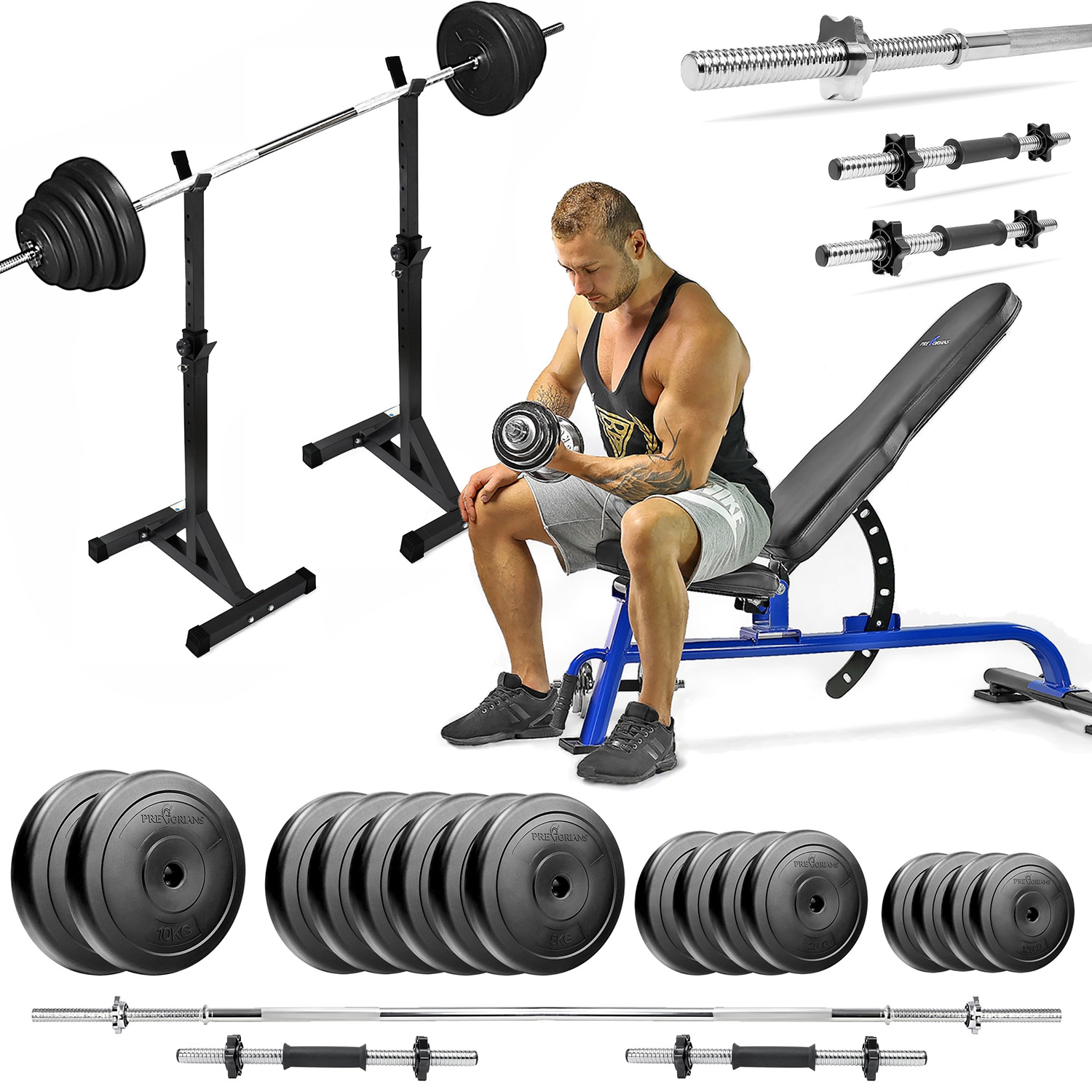 Zestaw do ćwiczeń siłowych 109kg. Siłownia domowa z ławką treningową TB1054, stojakami, sztangą / gryfem prostym 180 cm, obciążeniem 65kg i hantlami