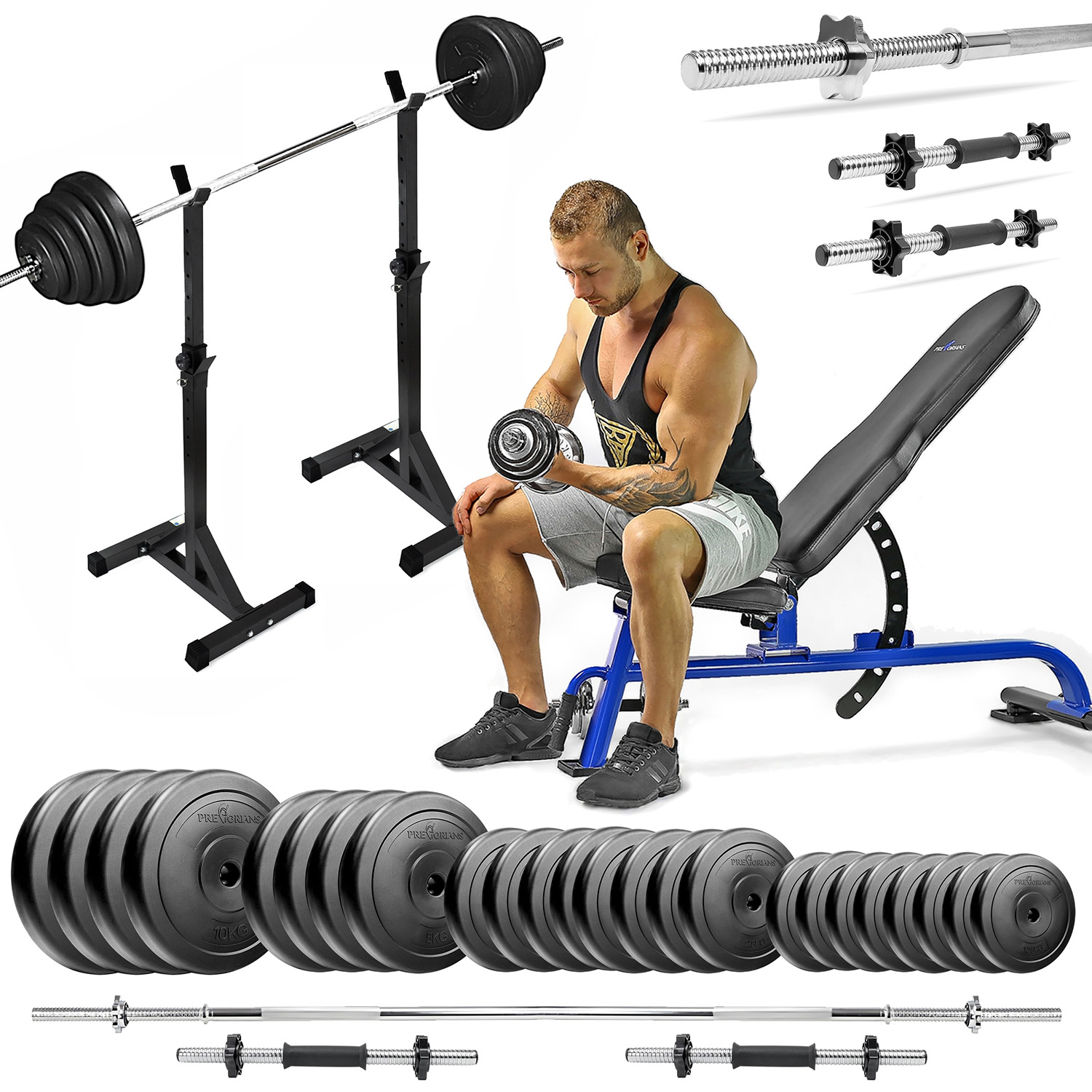 Zestaw do ćwiczeń siłowych 134kg. Siłownia domowa z ławką treningową TB1054, stojakami, sztangą / gryfem prostym 180 cm, obciążeniem 90kg i hantlami