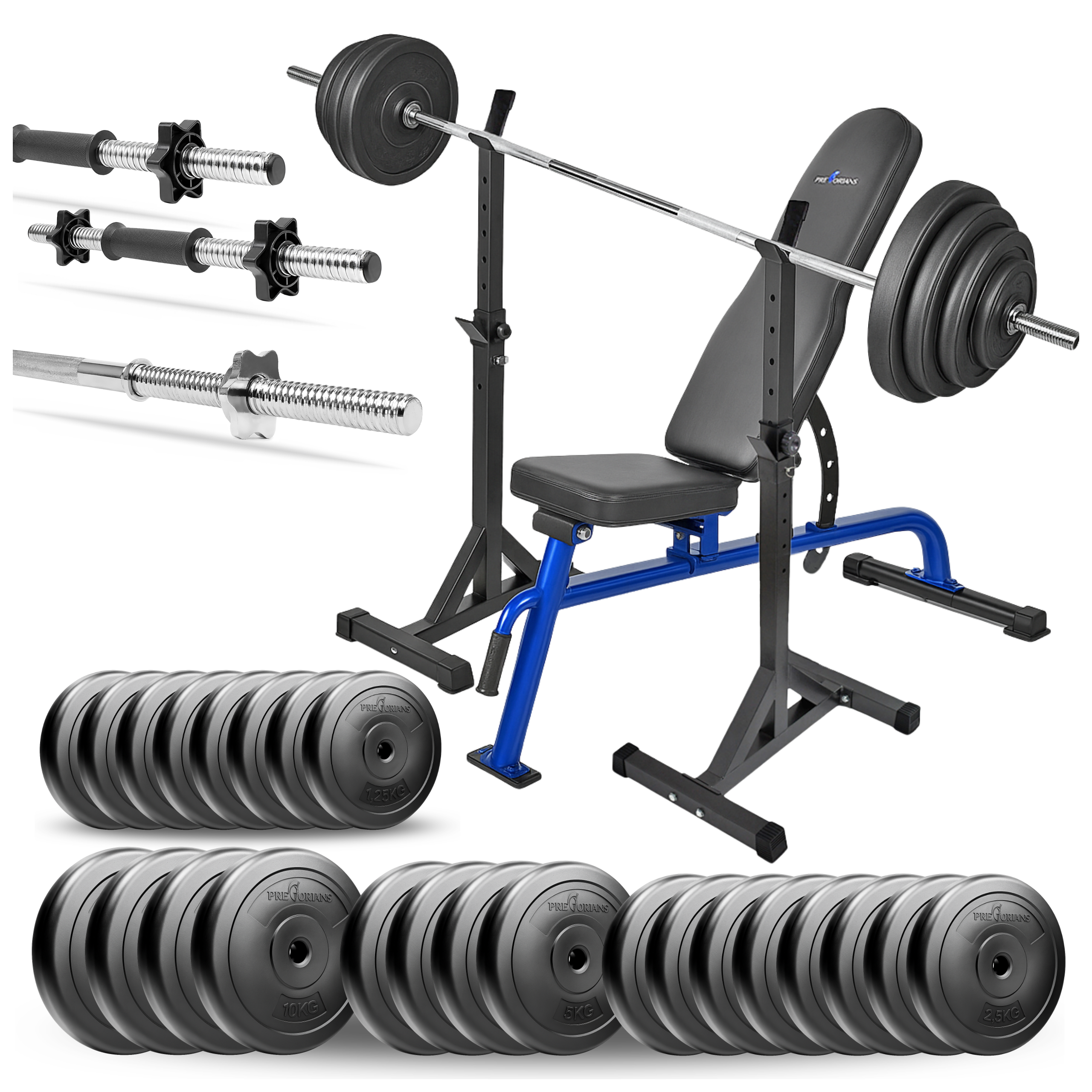 Zestaw do ćwiczeń siłowych 134kg. Siłownia domowa z ławką treningową TB1054, stojakami, sztangą / gryfem prostym 180 cm, obciążeniem 90kg i hantlami