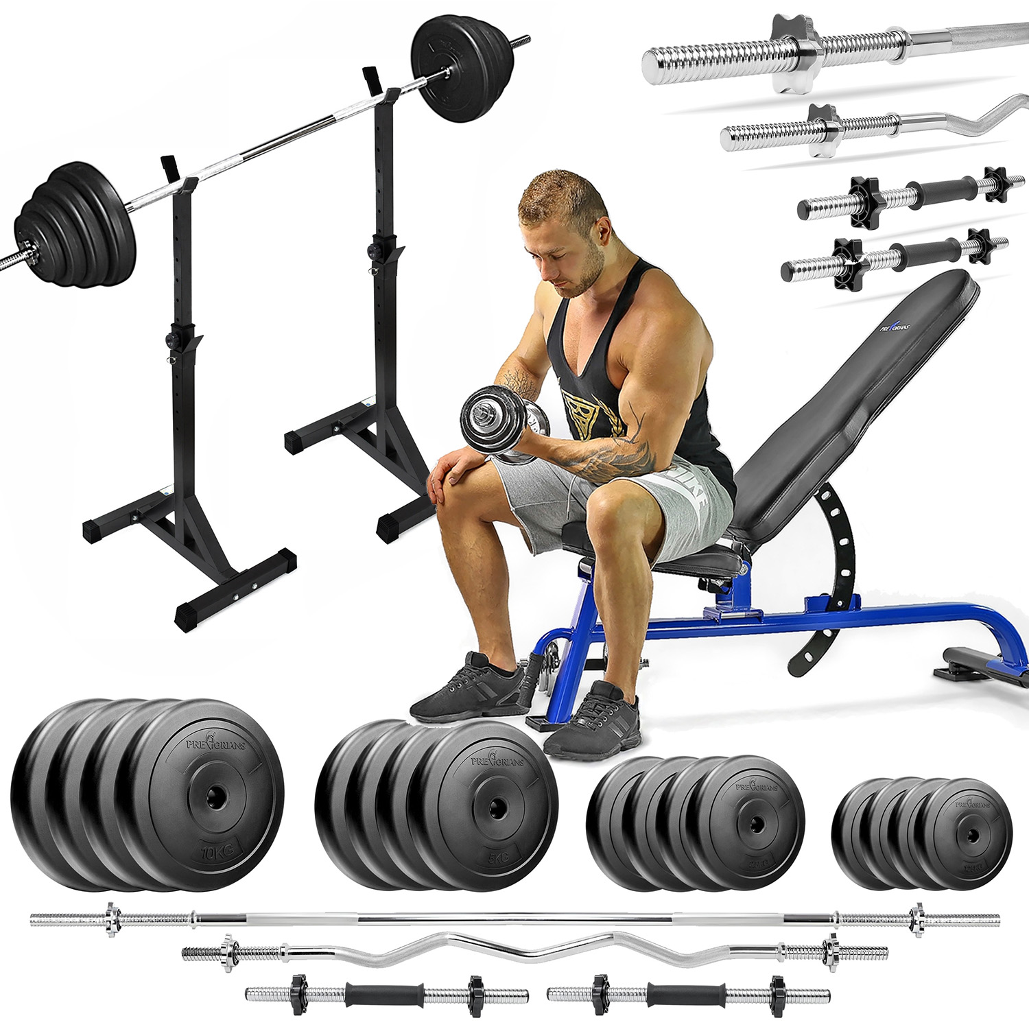 Zestaw do ćwiczeń siłowych 124kg. Siłownia domowa z ławką treningową TB1054, stojakami, sztangą / gryfem prostym 180 cm, lekko łamanym 120 cm, obciążeniem 75kg i hantlami