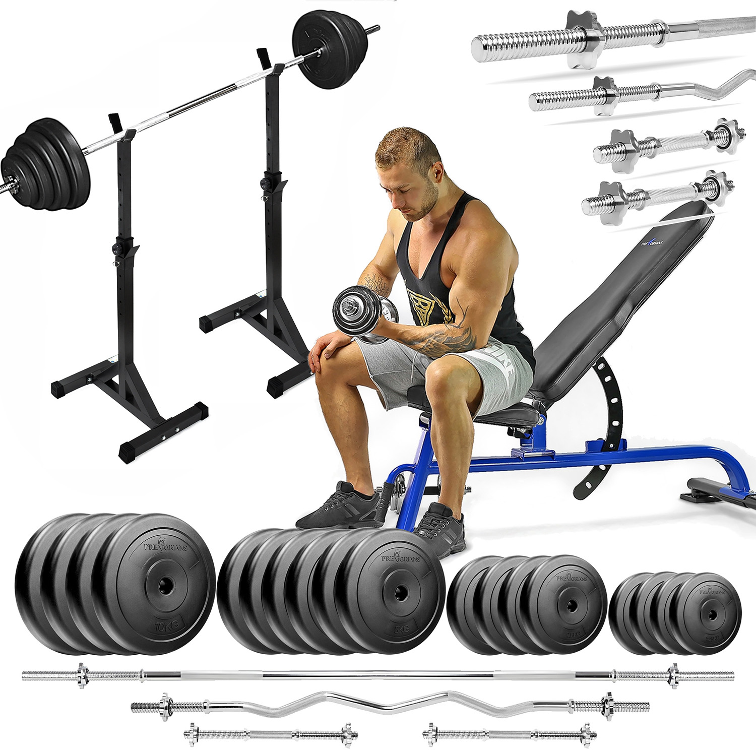 Zestaw do ćwiczeń siłowych 138kg. Siłownia domowa z ławką treningową TB1054, stojakami, sztangą / gryfem prostym 180 cm, lekko łamanym 120 cm, obciążeniem 85kg i hantlami