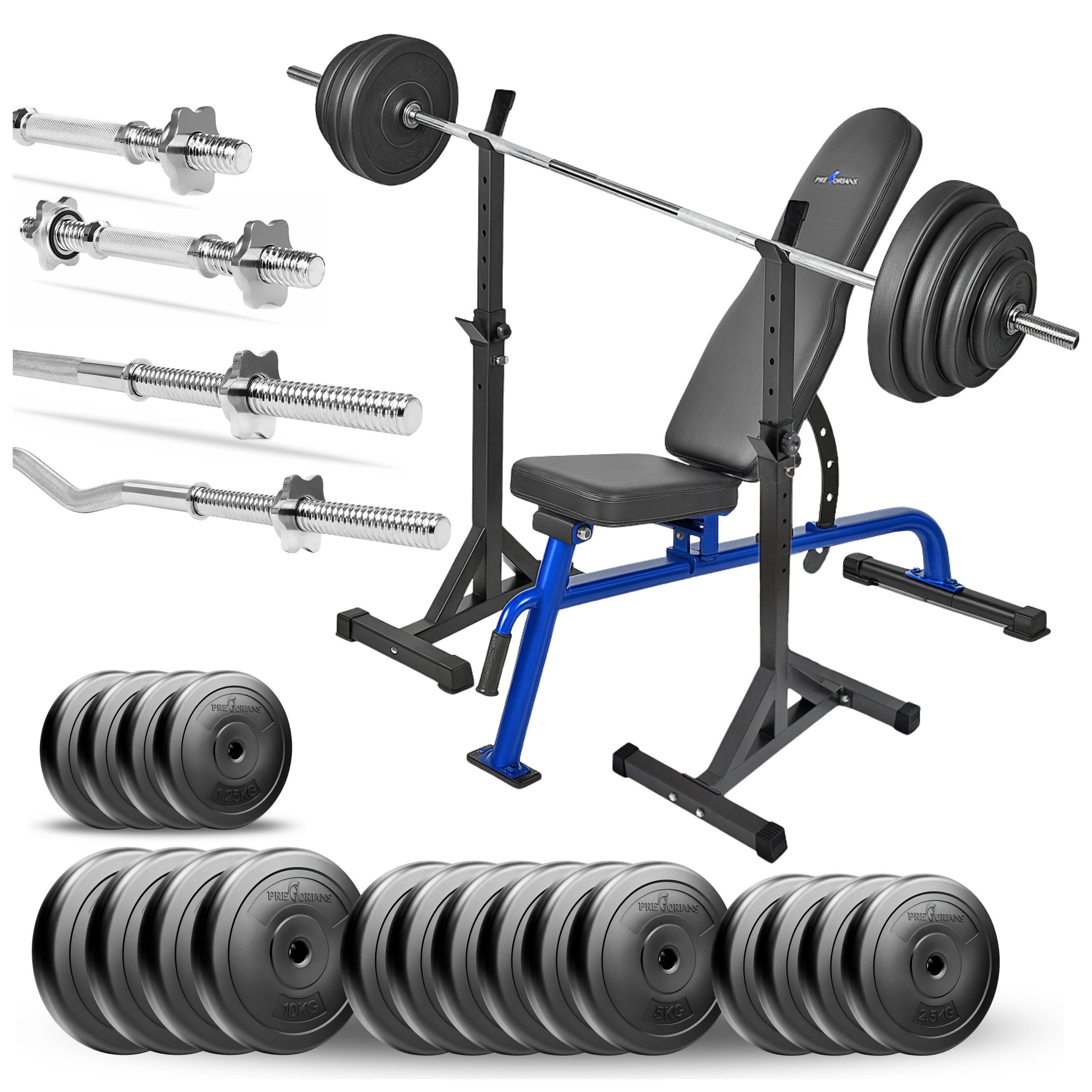 Zestaw do ćwiczeń siłowych 138kg. Siłownia domowa z ławką treningową TB1054, stojakami, sztangą / gryfem prostym 180 cm, lekko łamanym 120 cm, obciążeniem 85kg i hantlami