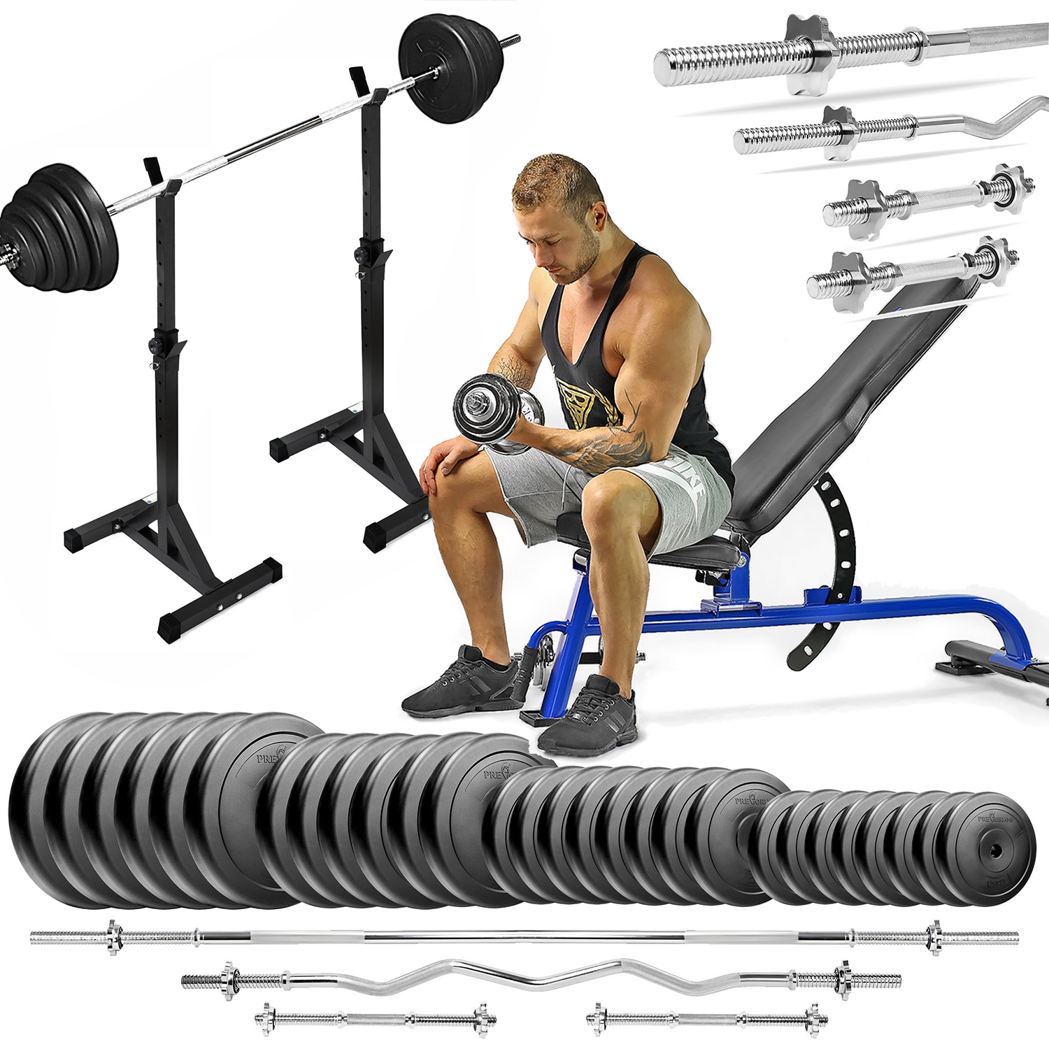 Zestaw do ćwiczeń siłowych 173kg. Siłownia domowa z ławką treningową TB1054, stojakami, sztangą / gryfem prostym 180 cm, lekko łamanym 120 cm, obciążeniem 120kg i hantlami