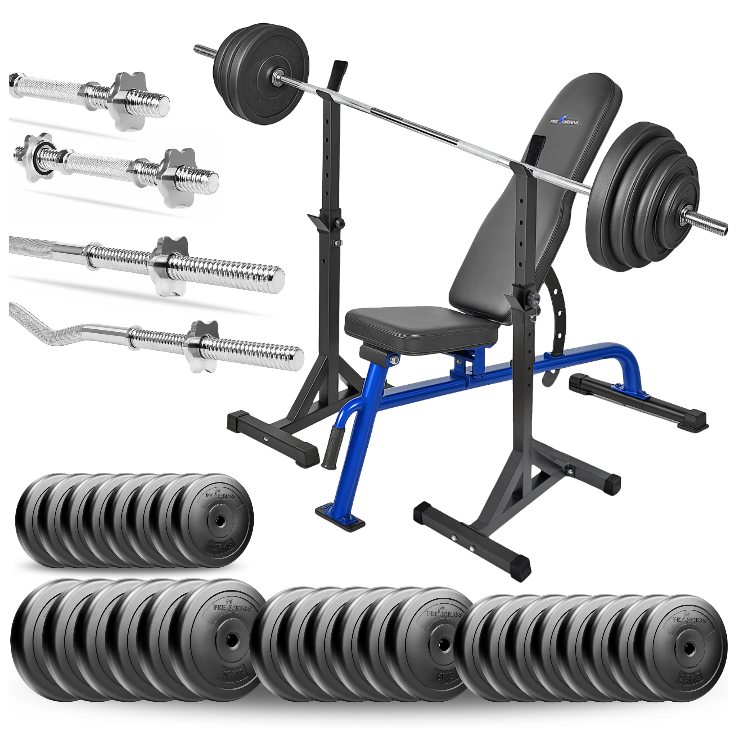 Zestaw do ćwiczeń siłowych 173kg. Siłownia domowa z ławką treningową TB1054, stojakami, sztangą / gryfem prostym 180 cm, lekko łamanym 120 cm, obciążeniem 120kg i hantlami