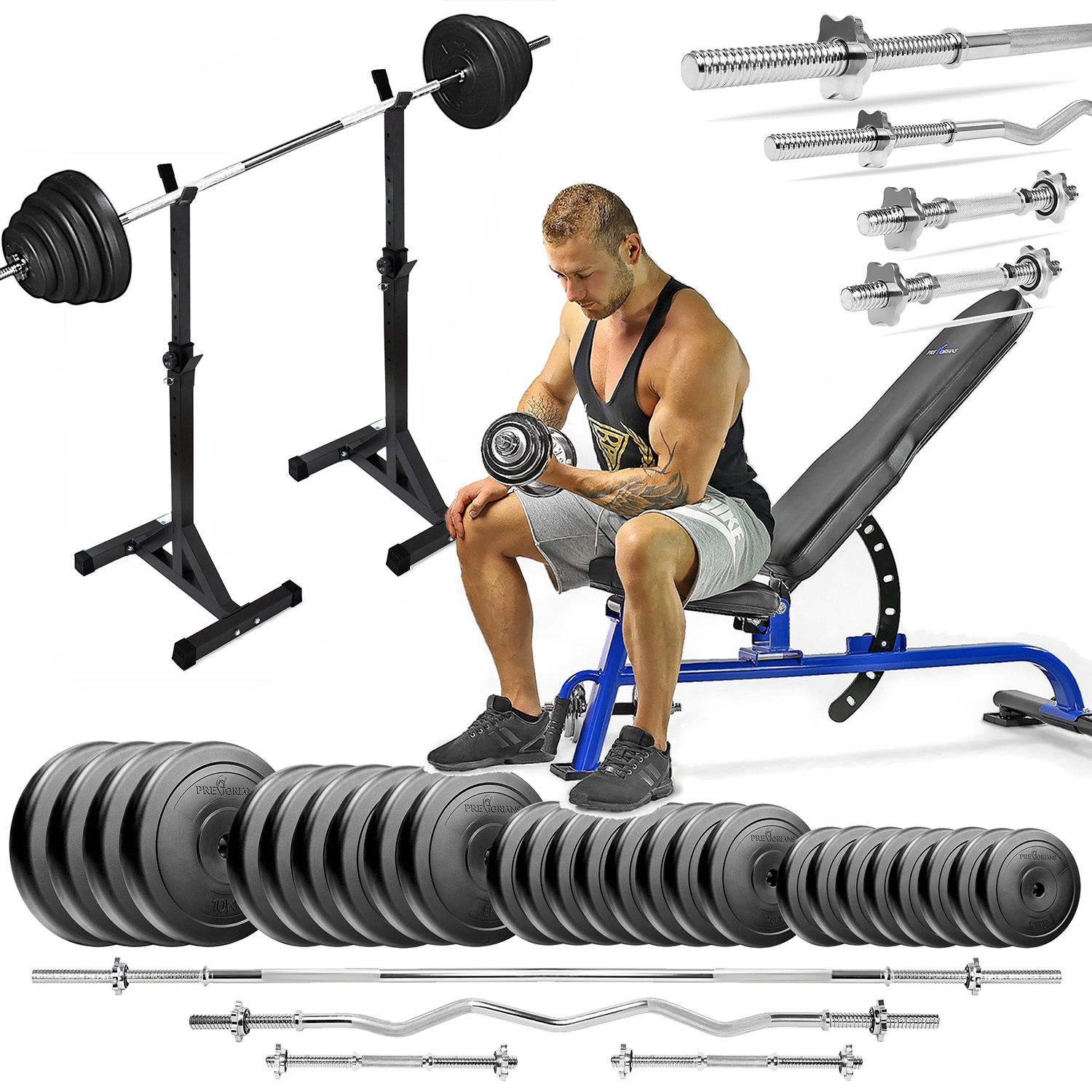 Zestaw do ćwiczeń siłowych 153kg. Siłownia domowa z ławką treningową TB1054, stojakami, sztangą / gryfem prostym 180 cm, lekko łamanym 120 cm, obciążeniem 100kg i hantlami