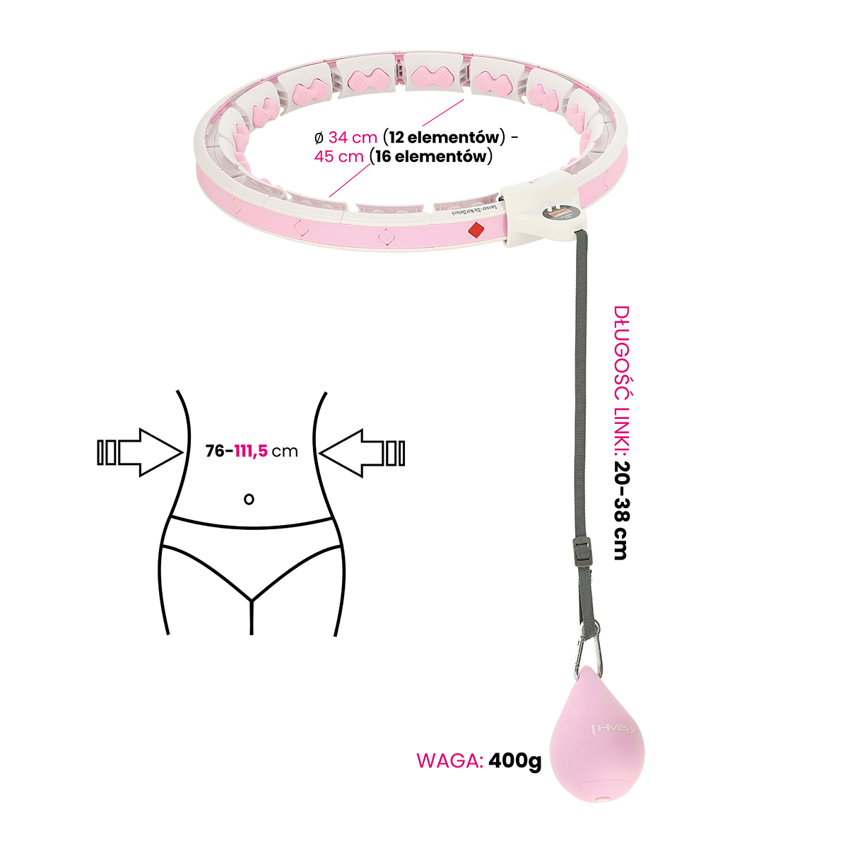 Hula hop masujący z wypustkami i obciążnikiem różowy HHW06 HMS