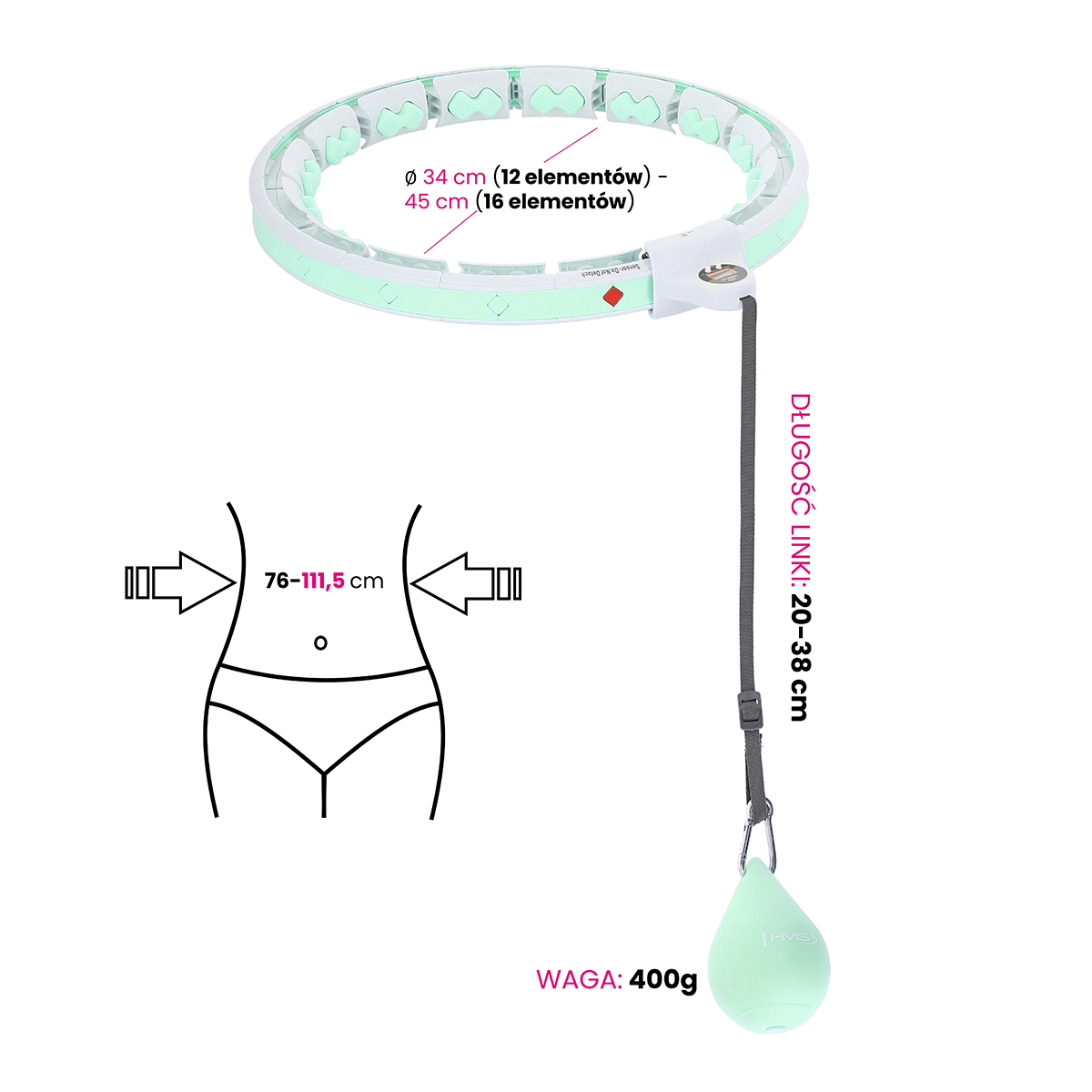 Hula hop masujący z wypustkami i obciążnikiem miętowe HHW06 HMS