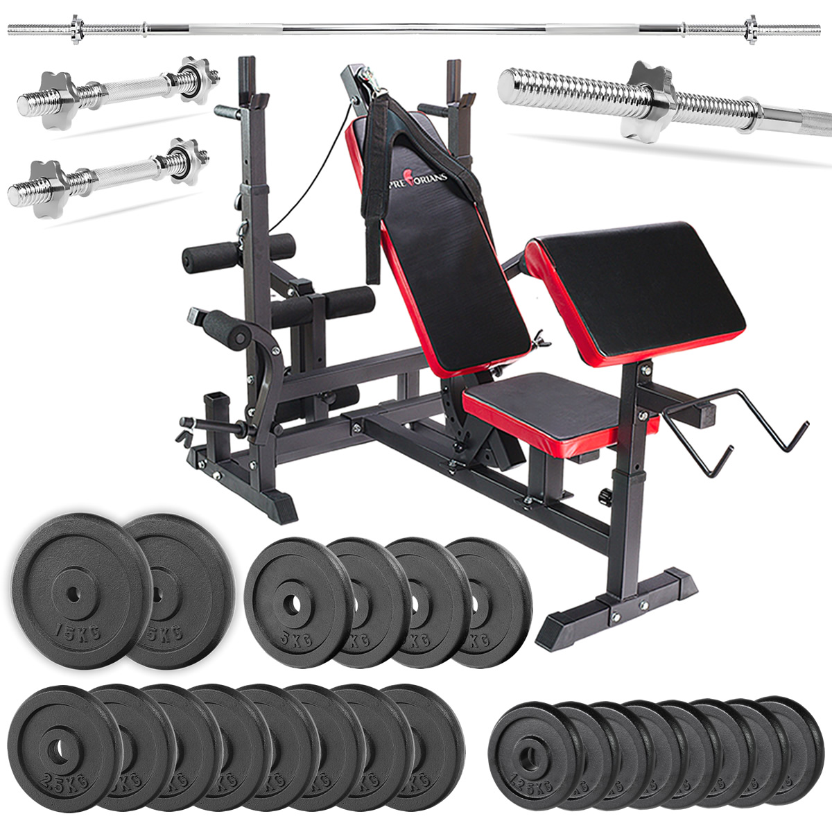 Zestaw do ćwiczeń 132kg z ławką treningową PH20C - ławka, gryf/sztanga, obciążenia żeliwne, hantle