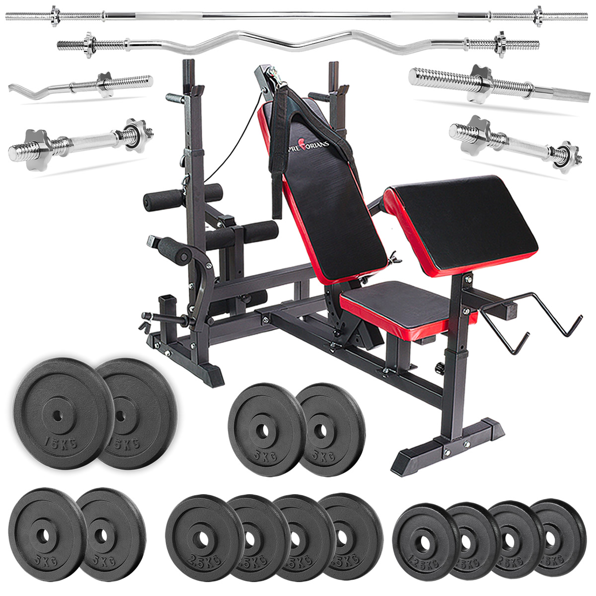 Zestaw do ćwiczeń 122kg z ławką treningową PH20C - ławka, gryfy, obciążenia żeliwne, hantle