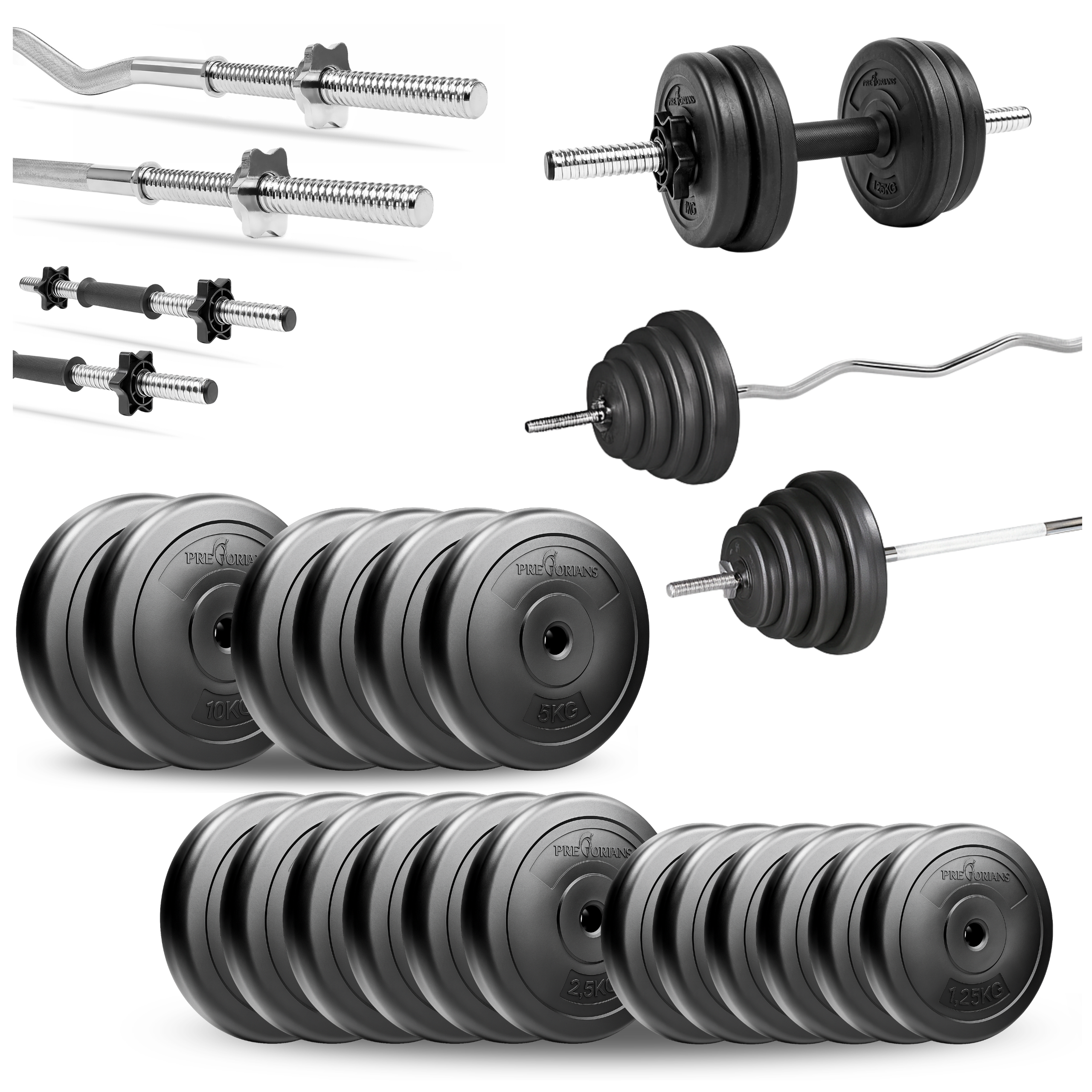 Zestaw do ćwiczeń 80kg ze sztangą 180 cm, gryfem 120 cm łamanym, nakładem obciążeń i hantlami