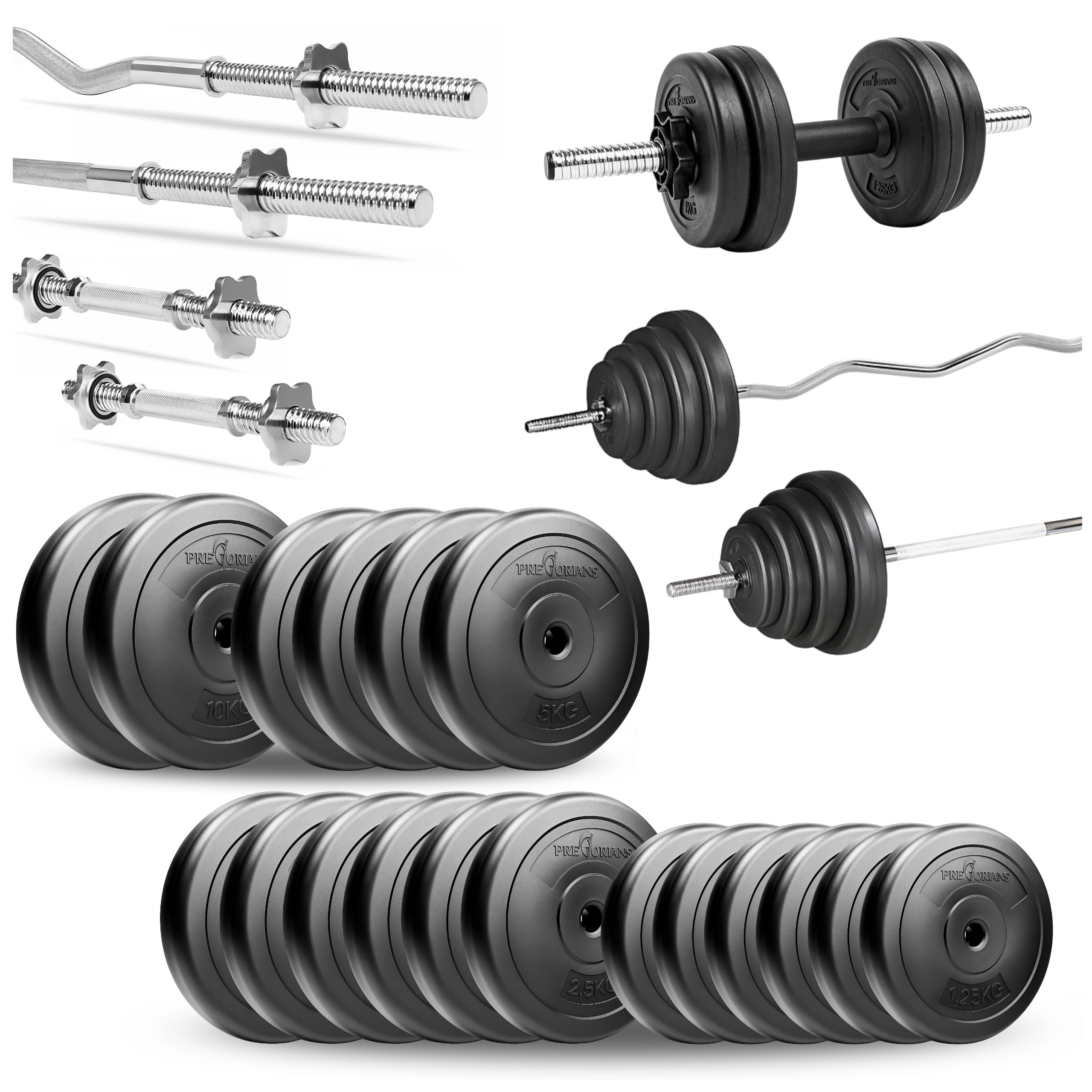 Zestaw do ćwiczeń 80kg ze sztangą 180 cm, gryfem 120 cm łamanym, nakładem obciążeń i hantlami metalowymi