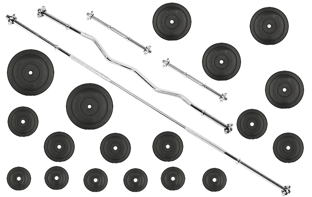 Zestaw do ćwiczeń 80kg ze sztangą 180 cm, gryfem 120 cm łamanym, nakładem obciążeń i hantlami metalowymi