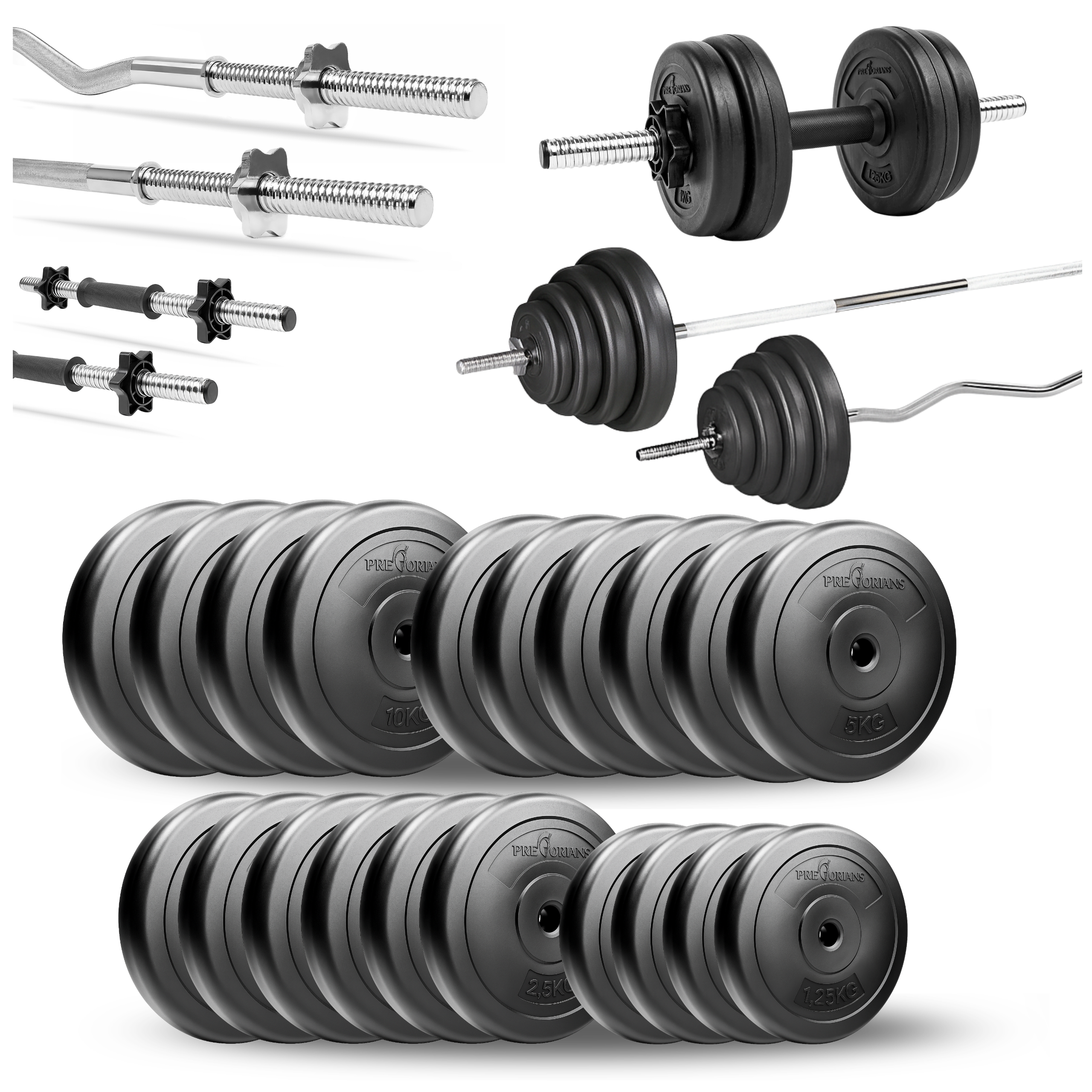 Zestaw do ćwiczeń 105kg ze sztangą 180 cm, gryfem 120 cm łamanym, nakładem obciążeń i hantlami