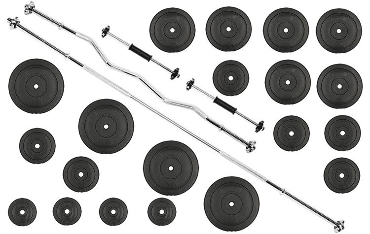 Zestaw do ćwiczeń 105kg ze sztangą 180 cm, gryfem 120 cm łamanym, nakładem obciążeń i hantlami