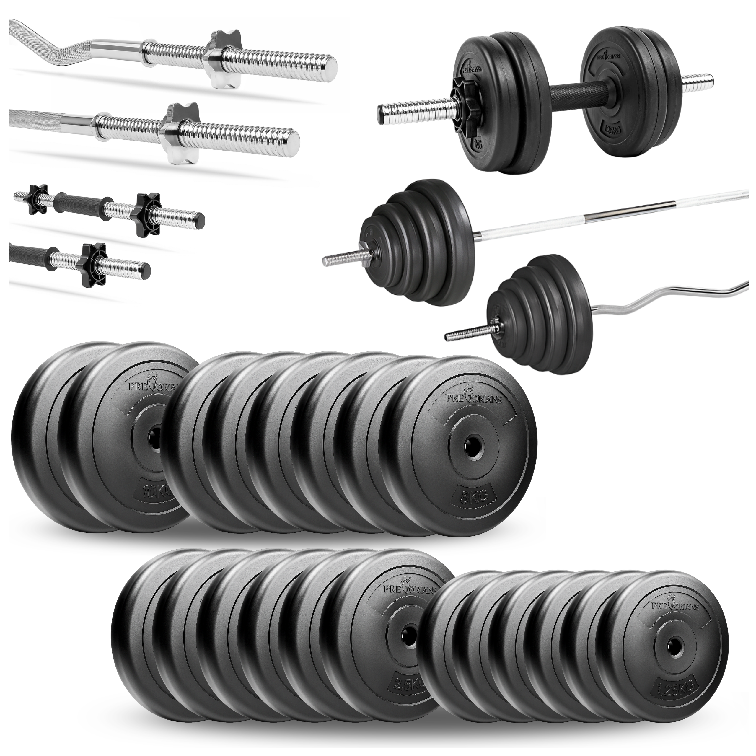 Zestaw do ćwiczeń 86kg ze sztangą 180 cm, gryfem 120 cm łamanym, nakładem obciążeń i hantlami