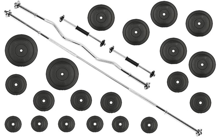 Zestaw do ćwiczeń 86kg ze sztangą 180 cm, gryfem 120 cm łamanym, nakładem obciążeń i hantlami