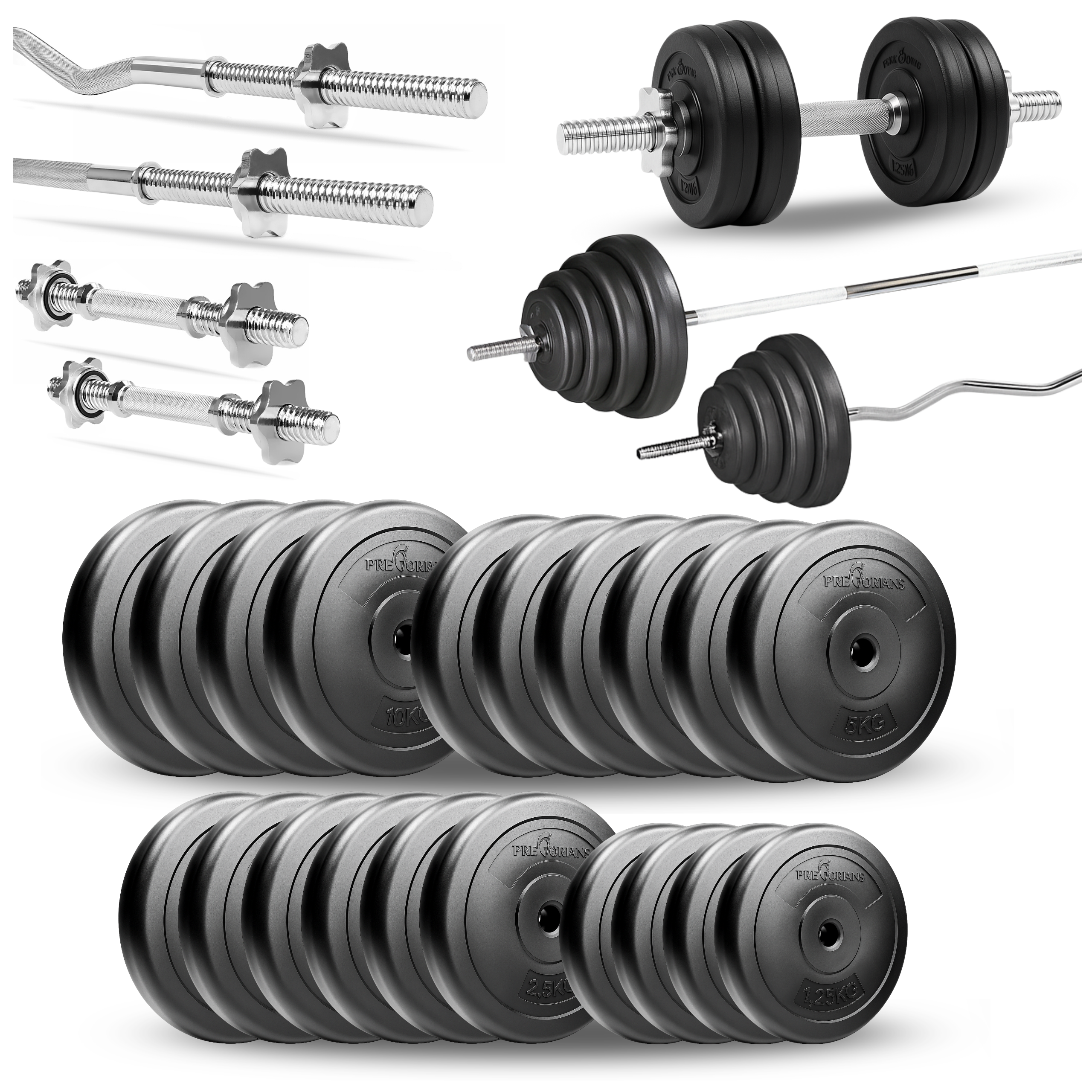 Zestaw do ćwiczeń 110kg ze sztangą 180 cm, gryfem 120 cm łamanym, nakładem obciążeń i hantlami metalowymi