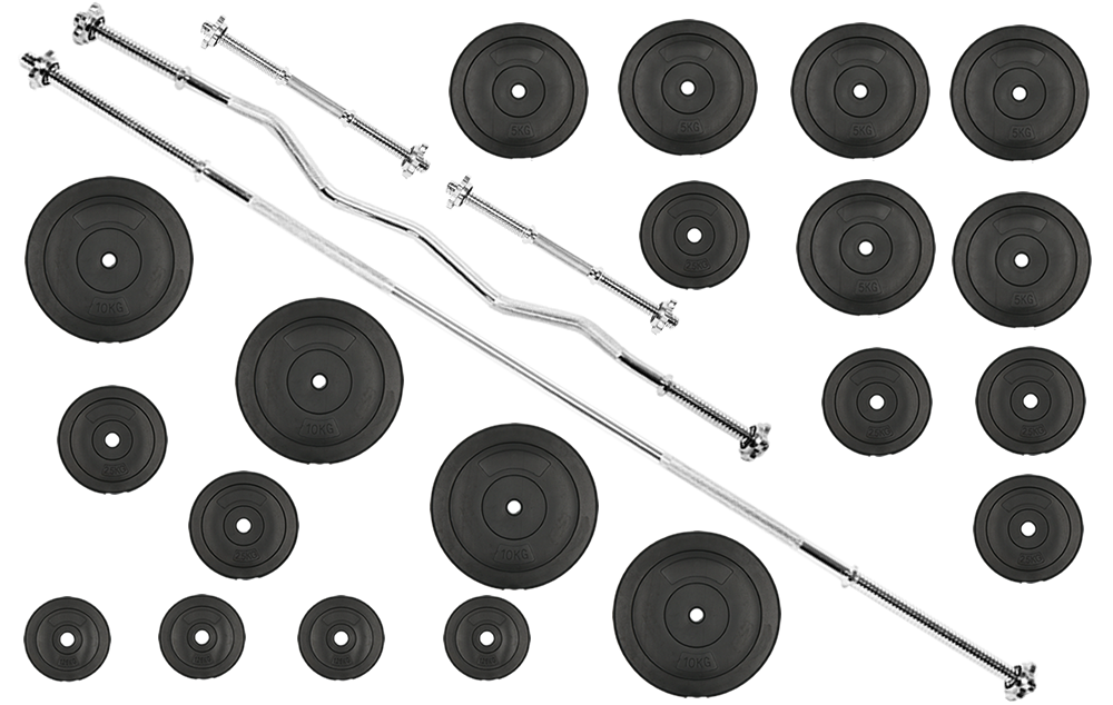 Zestaw do ćwiczeń 110kg ze sztangą 180 cm, gryfem 120 cm łamanym, nakładem obciążeń i hantlami metalowymi