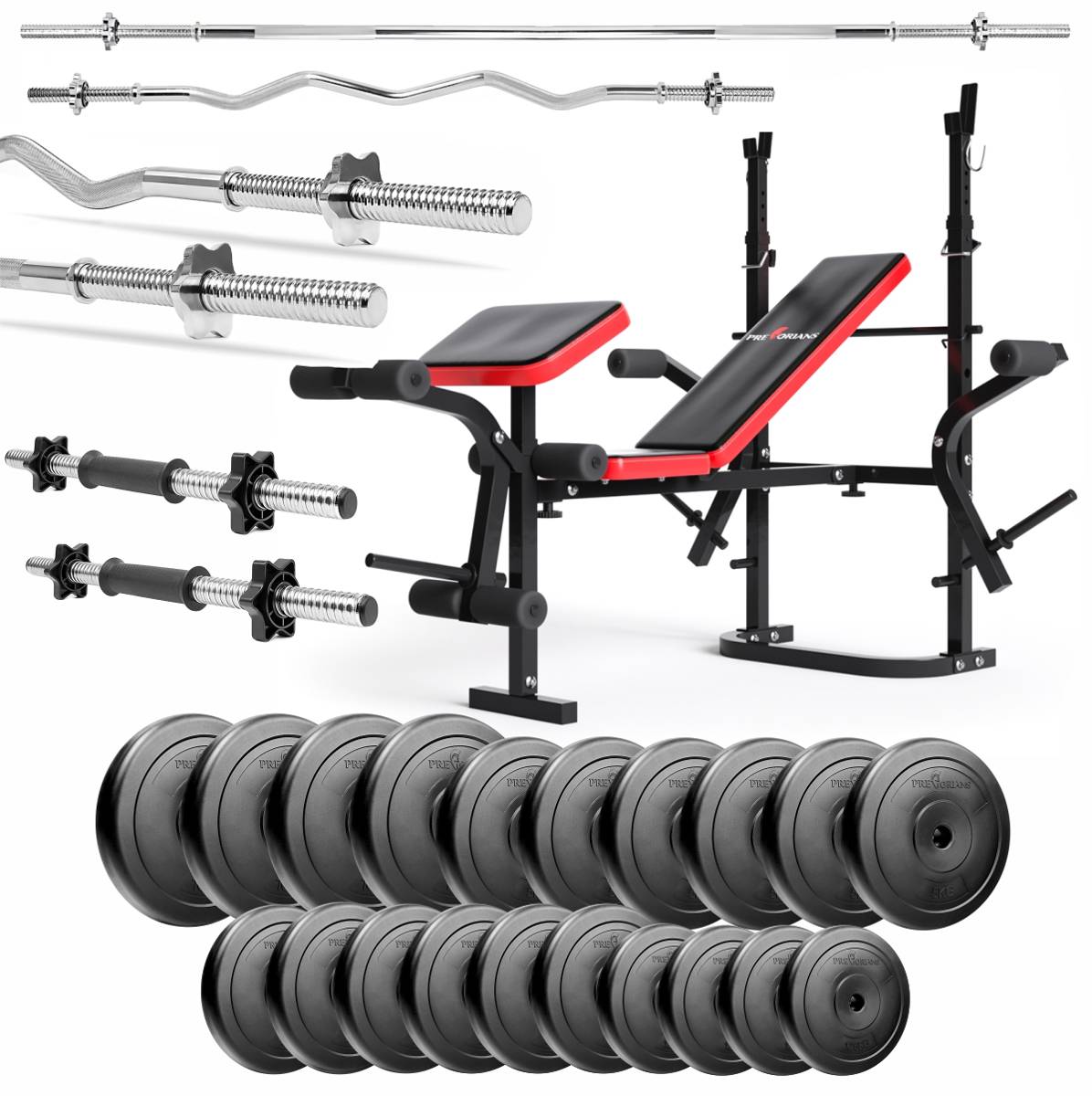 Zestaw do ćwiczeń 126kg z ławką treningową PH 2132 sztangą prostą 180 cm, gryfem 120 cm łamanym, nakładem obciążeń 90 kg i hantlami